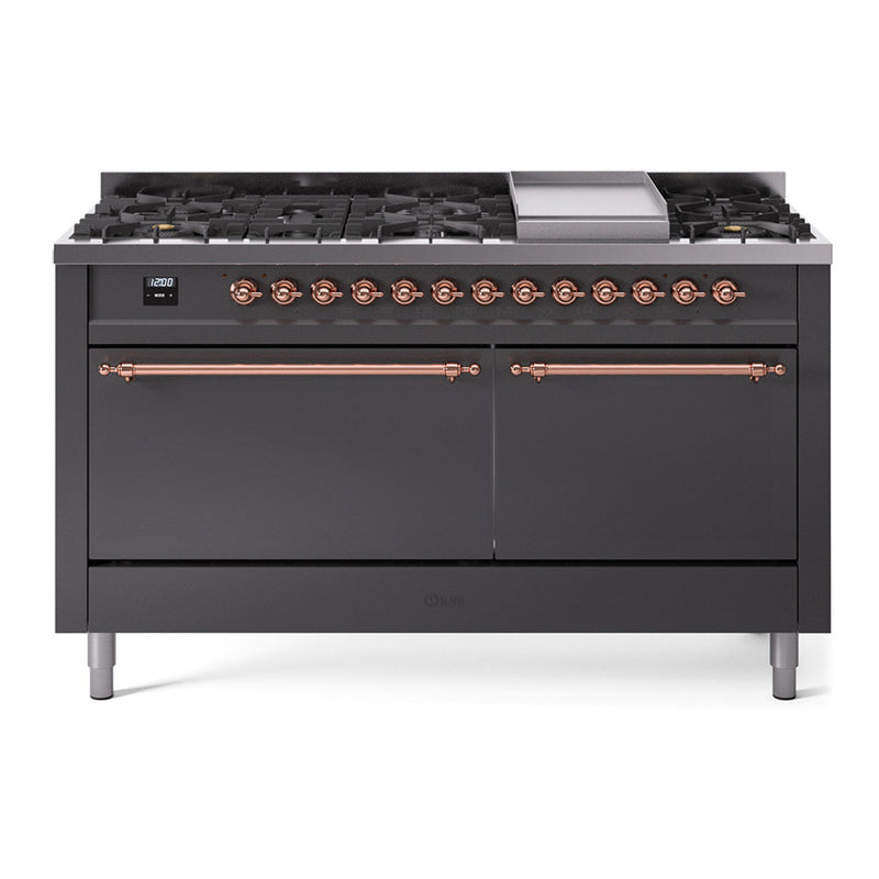 ILVE Nostalgie II Noblesse 60″ Dual Fuel Freestanding Range 9 Sealed Burners + Griddle with Solid Door - UN60FQNMP