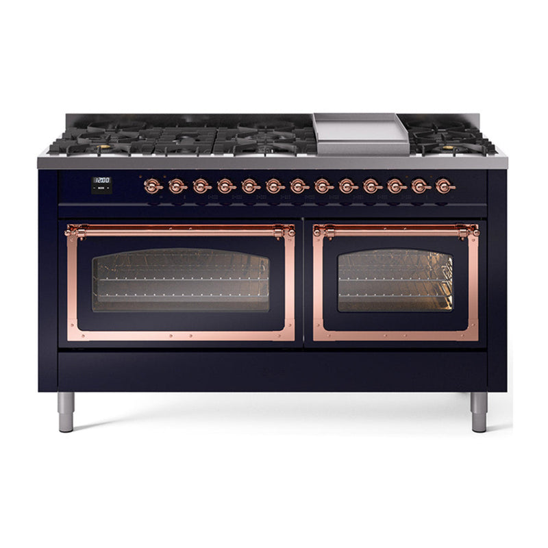 ILVE Nostalgie II Noblesse 60" Dual Fuel Freestanding Range with 9 Sealed Burners + Griddle with Triple Glass Door - UN60FNMP