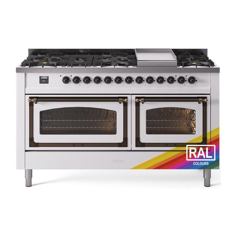 ILVE Nostalgie II Noblesse 60" Dual Fuel Freestanding Range with 9 Sealed Burners + Griddle with Triple Glass Door - UN60FNMP