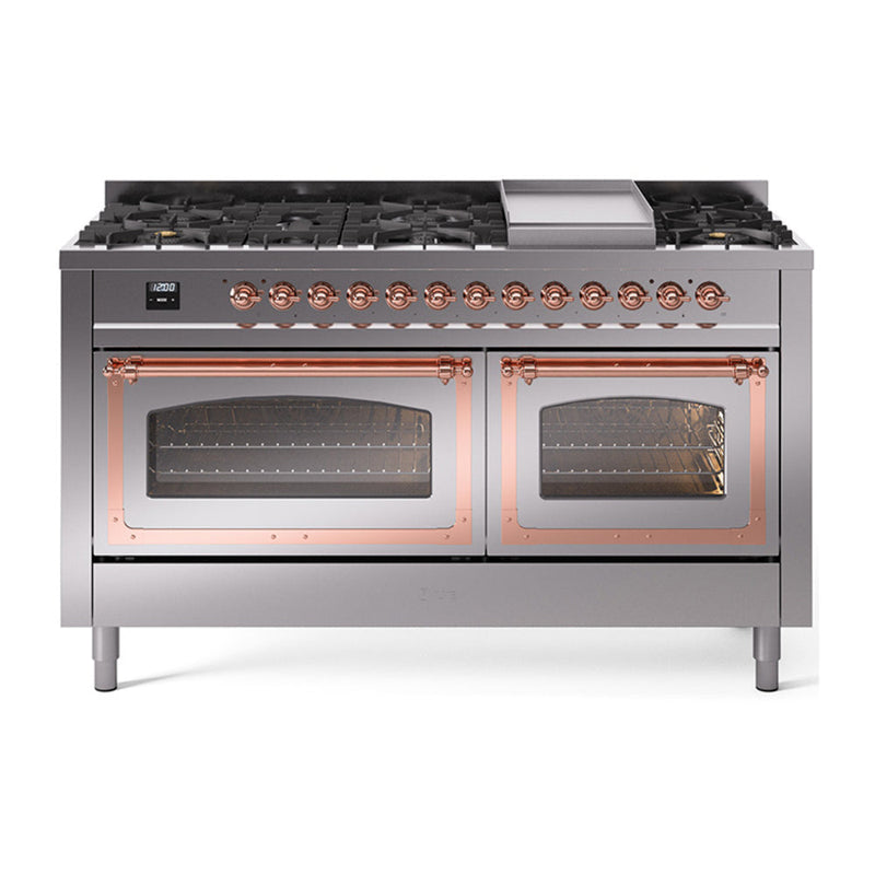 ILVE Nostalgie II Noblesse 60" Dual Fuel Freestanding Range with 9 Sealed Burners + Griddle with Triple Glass Door - UN60FNMP