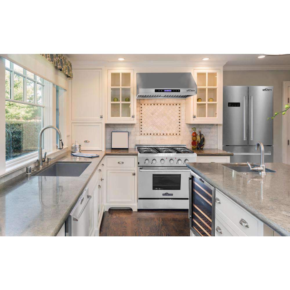 Thor Kitchen 4-Piece Appliance Package - 36-Inch Electric Range, Refrigerator with Water Dispenser, Dishwasher, and Microwave in Stainless Steel