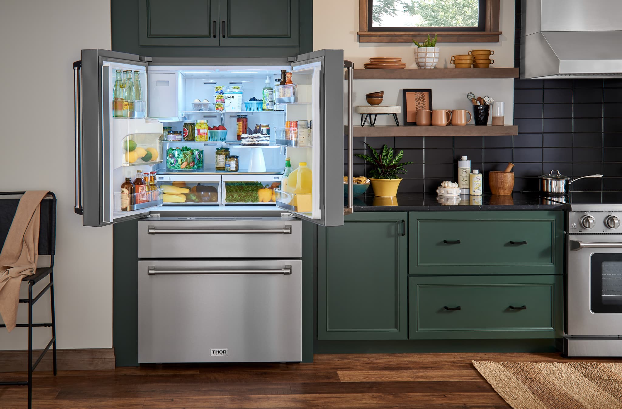 Thor Kitchen 5-Piece Appliance Package - 36-Inch Gas Range, Pro-Style Wall Mount Range Hood, Refrigerator with Water Dispenser, Dishwasher, and Microwave in Stainless Steel