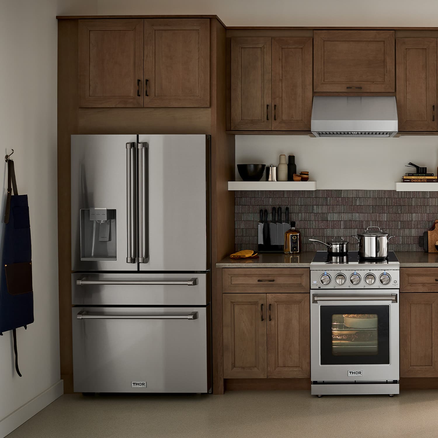 Thor Kitchen 6-Piece Appliance Package - 36-Inch Electric Range, Wall Mount Range Hood, Refrigerator with Water Dispenser, Dishwasher, Microwave, and Wine Cooler in Stainless Steel