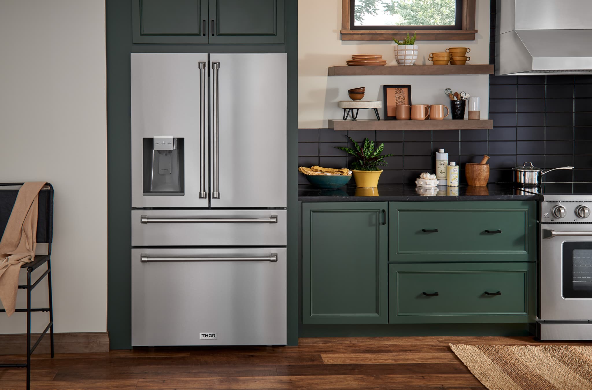 Thor Kitchen 5-Piece Appliance Package - 36-Inch Electric Range, Wall Mount Range Hood, Refrigerator with Water Dispenser, Dishwasher, and Microwave in Stainless Steel