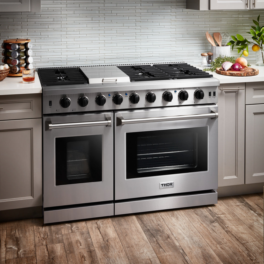 Thor Kitchen 4-Piece Appliance Package - 48-Inch Gas Range, Under Cabinet 16.5-Inch Tall Hood, Refrigerator with Water Dispenser, & Dishwasher in Stainless Steel