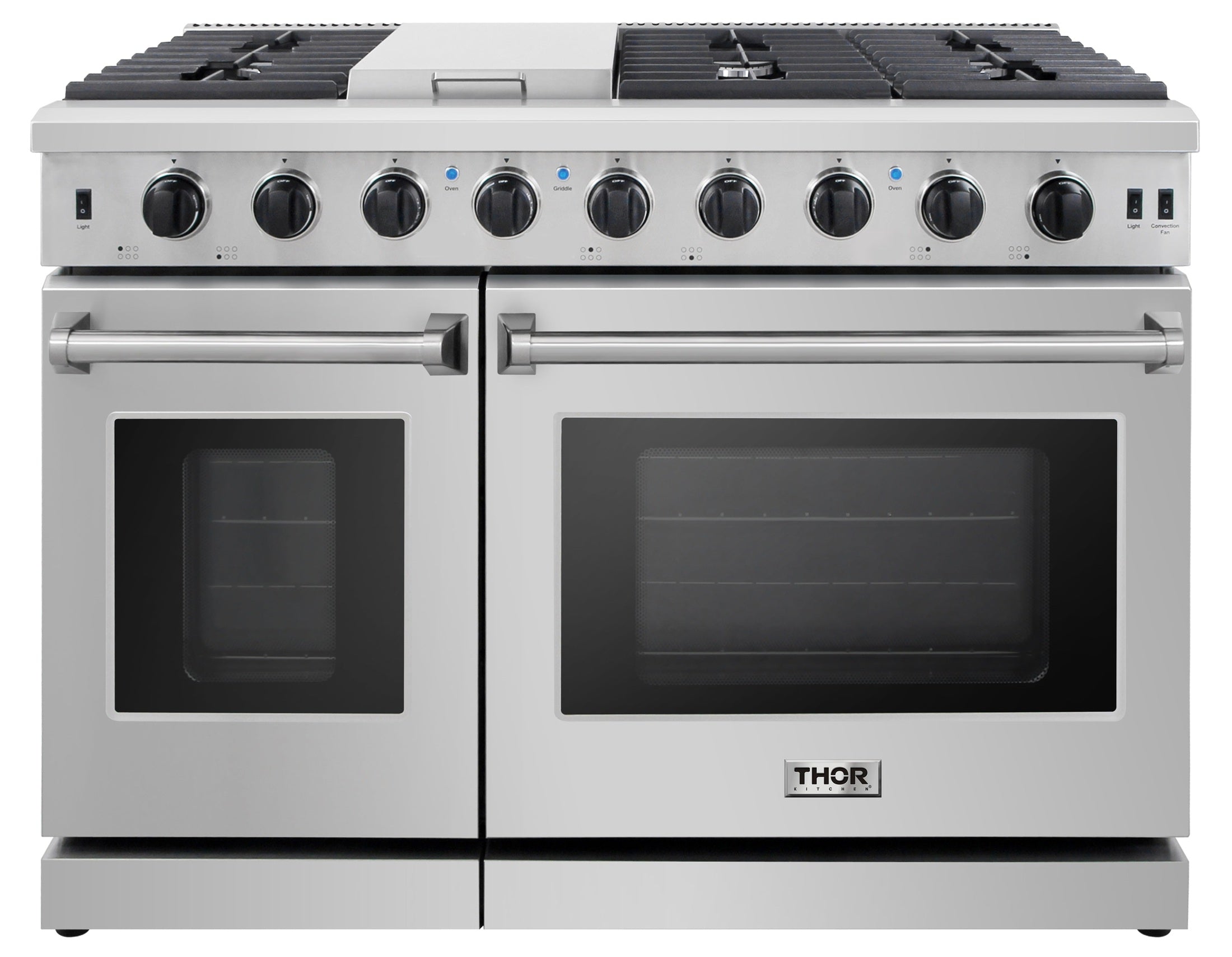 Thor Kitchen 4-Piece Appliance Package - 48-Inch Gas Range, Under Cabinet 16.5-Inch Tall Hood, Refrigerator with Water Dispenser, & Dishwasher in Stainless Steel