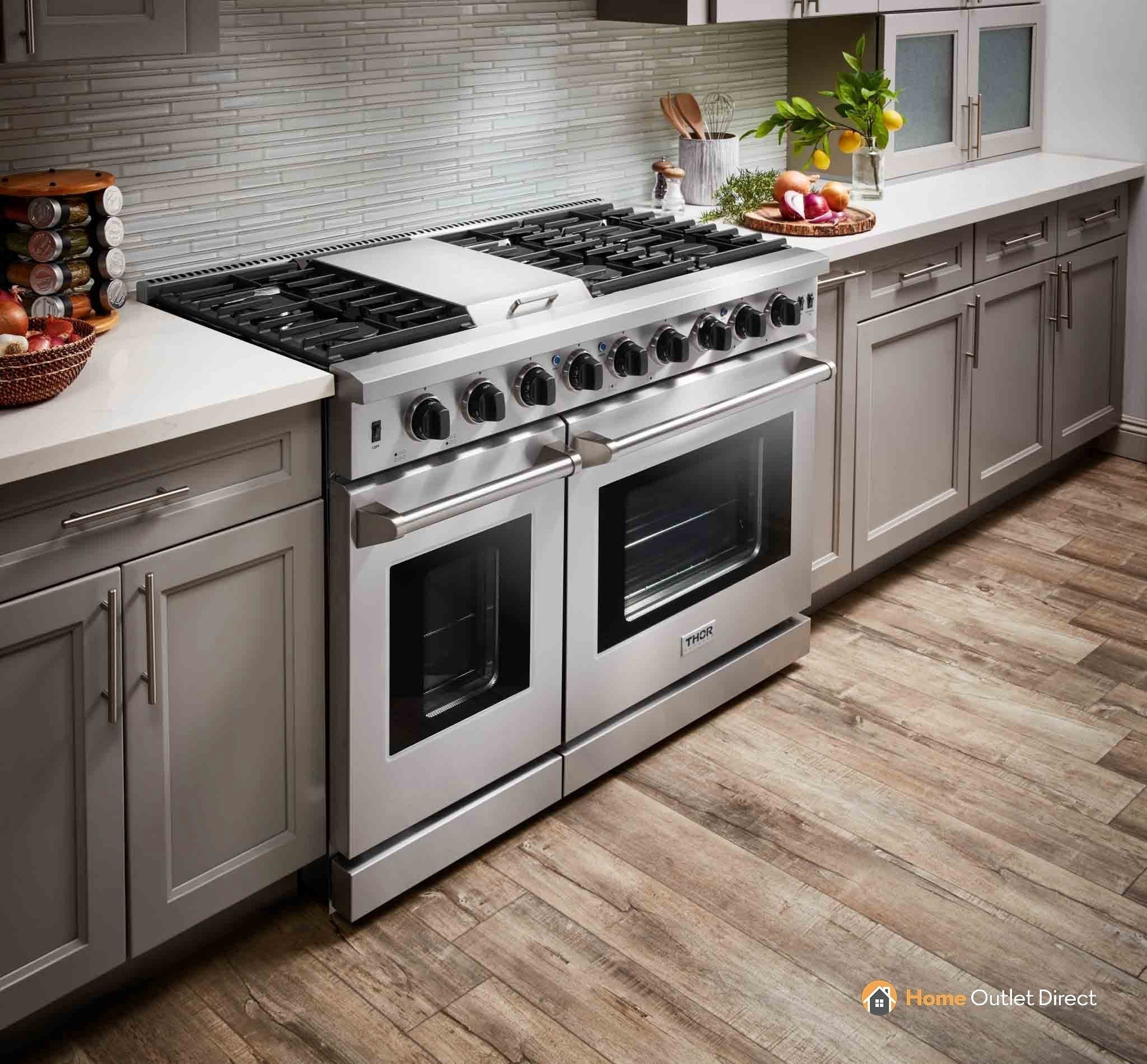 Thor Kitchen 4-Piece Appliance Package - 48-Inch Gas Range, Under Cabinet 16.5-Inch Tall Hood, Refrigerator with Water Dispenser, & Dishwasher in Stainless Steel