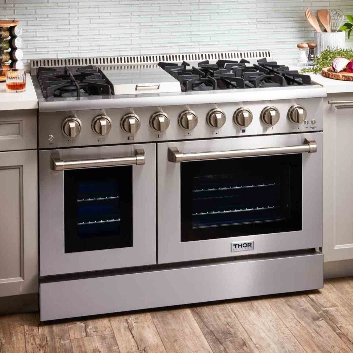 Thor Kitchen 4-Piece Pro Appliance Package - 48-Inch Gas Range, French Door Refrigerator, Dishwasher & Under Cabinet 11-Inch Tall Hood in Stainless Steel