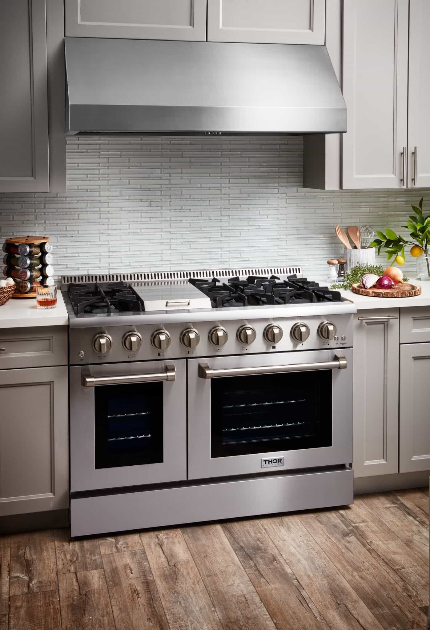 Thor Kitchen 4-Piece Appliance Package - 48-Inch Gas Range, French Door Refrigerator, Dishwasher & Under Cabinet 16.5-Inch Tall Hood in Stainless Steel