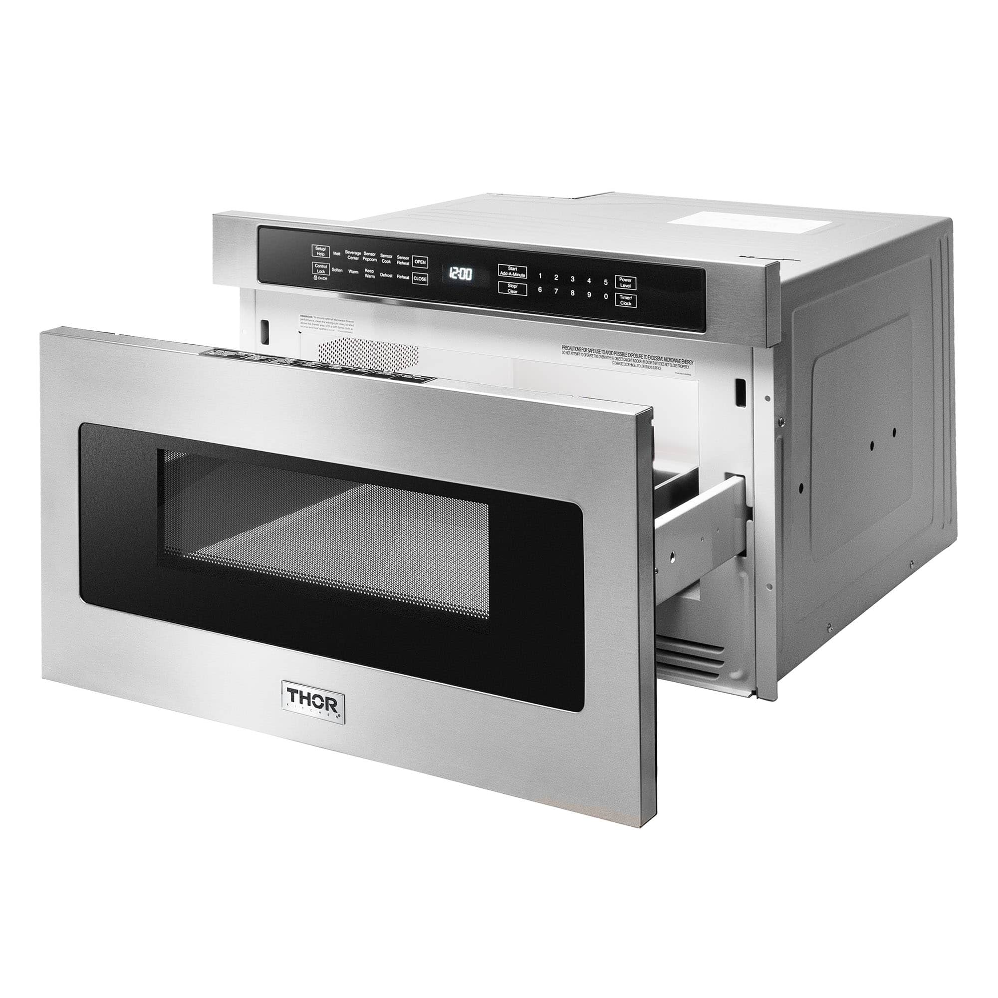 Thor Kitchen 5-Piece Appliance Package - 36-Inch Electric Range with Tilt Panel, French Door Refrigerator, Dishwasher, Microwave Drawer, & Wine Cooler in Stainless Steel