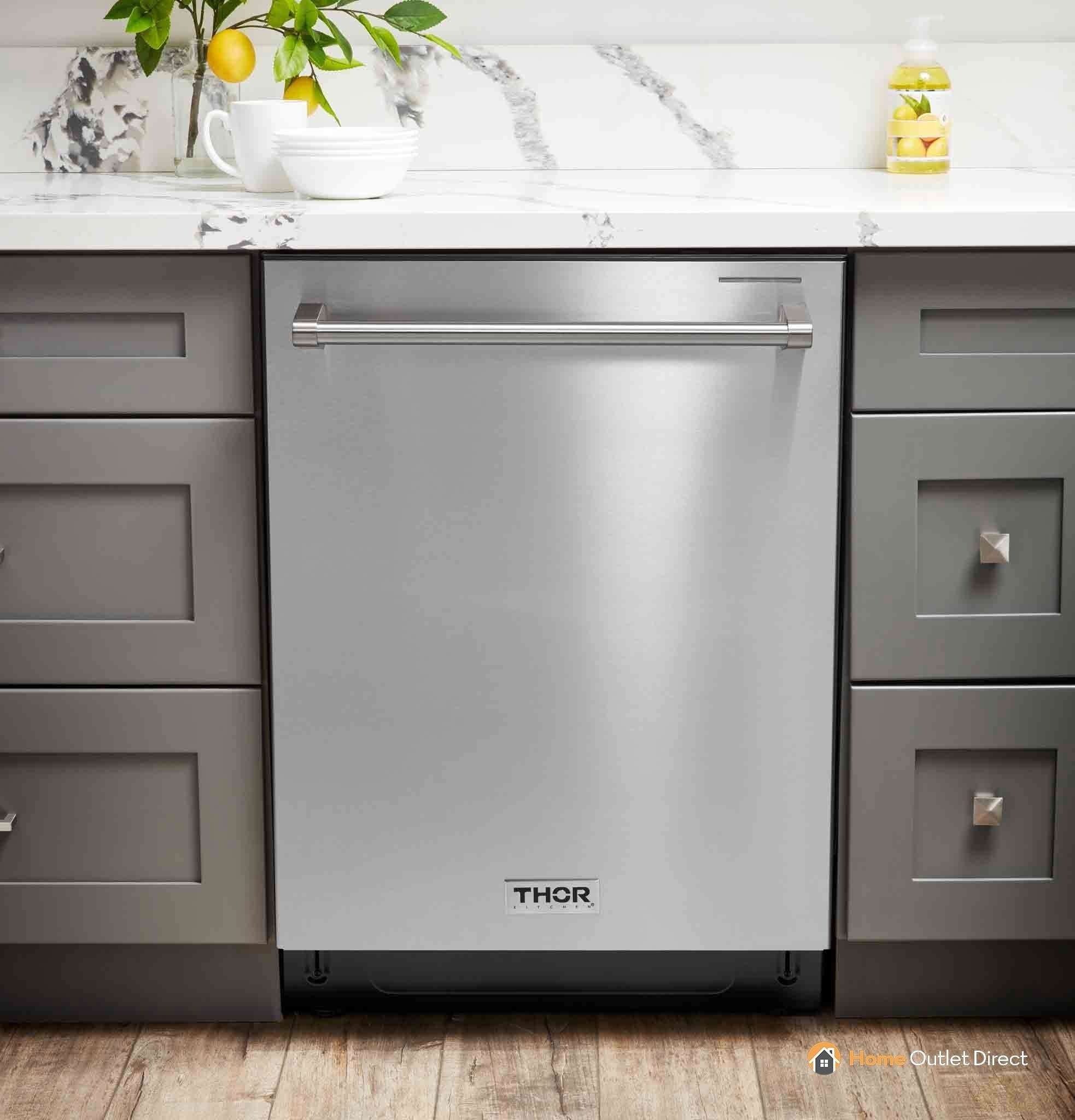 Thor Kitchen 5-Piece Appliance Package - 36-Inch Electric Range with Tilt Panel, French Door Refrigerator, Dishwasher, Microwave Drawer, & Wine Cooler in Stainless Steel