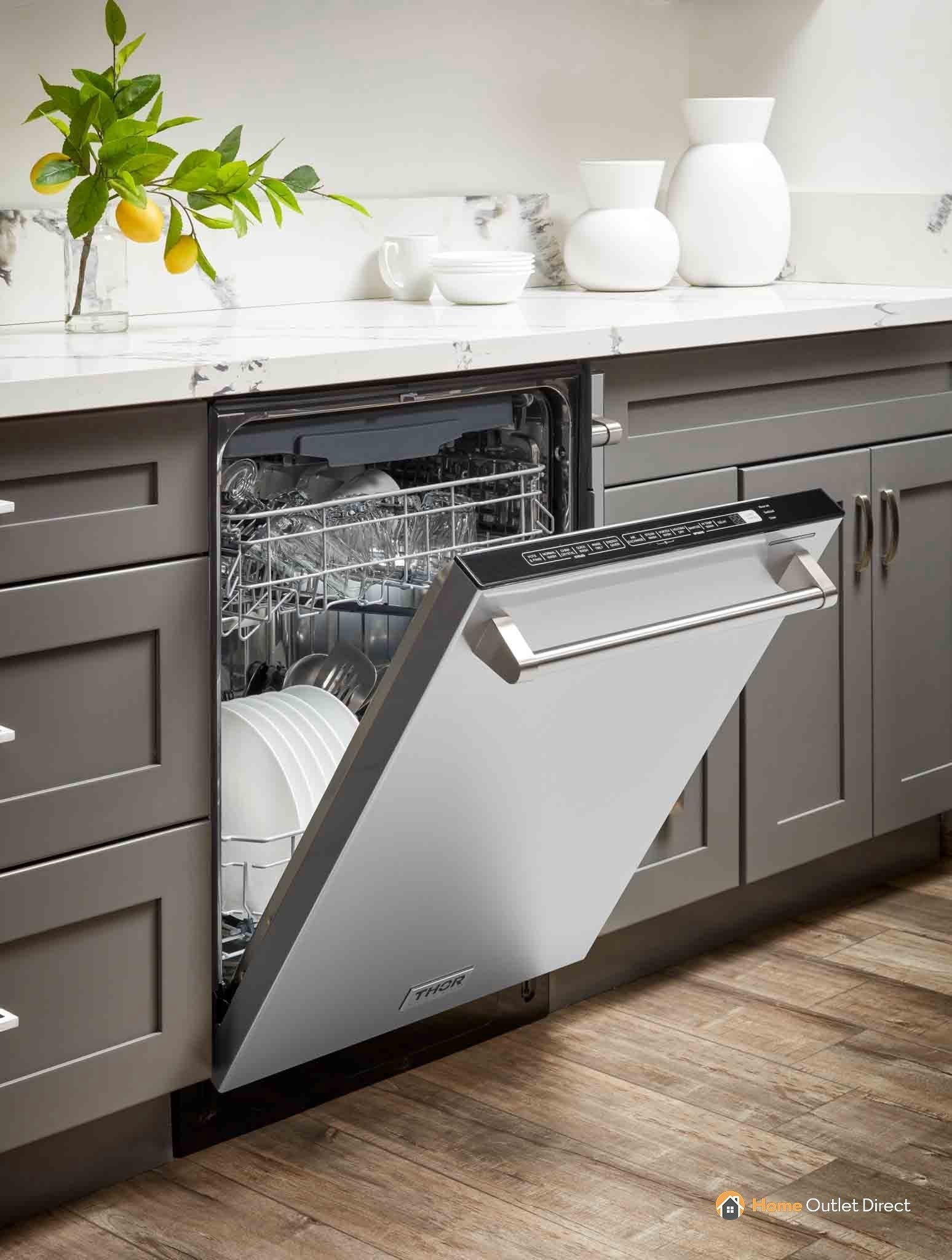 Thor Kitchen 5-Piece Appliance Package - 36-Inch Electric Range with Tilt Panel, French Door Refrigerator, Dishwasher, Microwave Drawer, & Wine Cooler in Stainless Steel