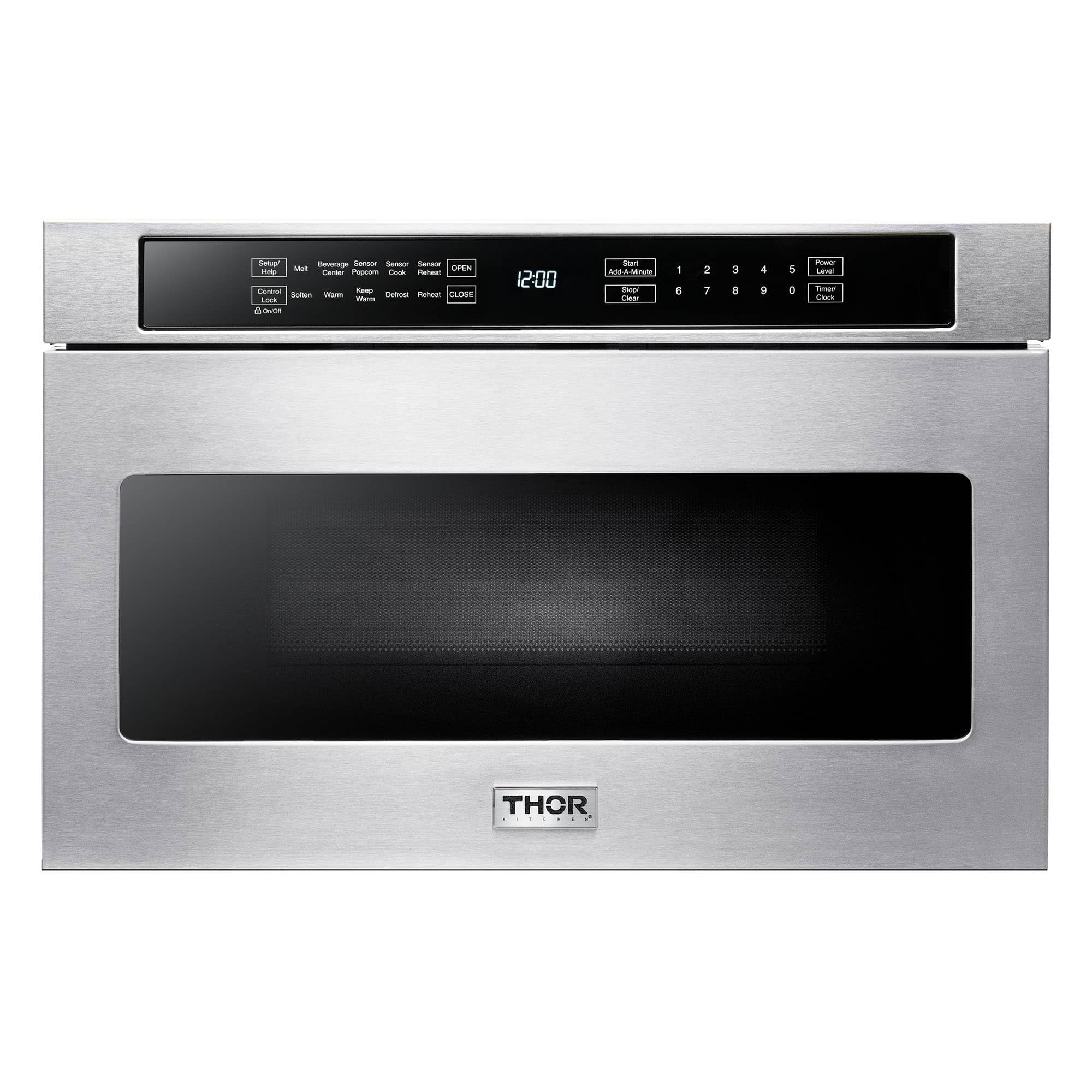 Thor Kitchen 5-Piece Appliance Package - 36-Inch Electric Range with Tilt Panel, French Door Refrigerator, Dishwasher, Microwave Drawer, & Wine Cooler in Stainless Steel