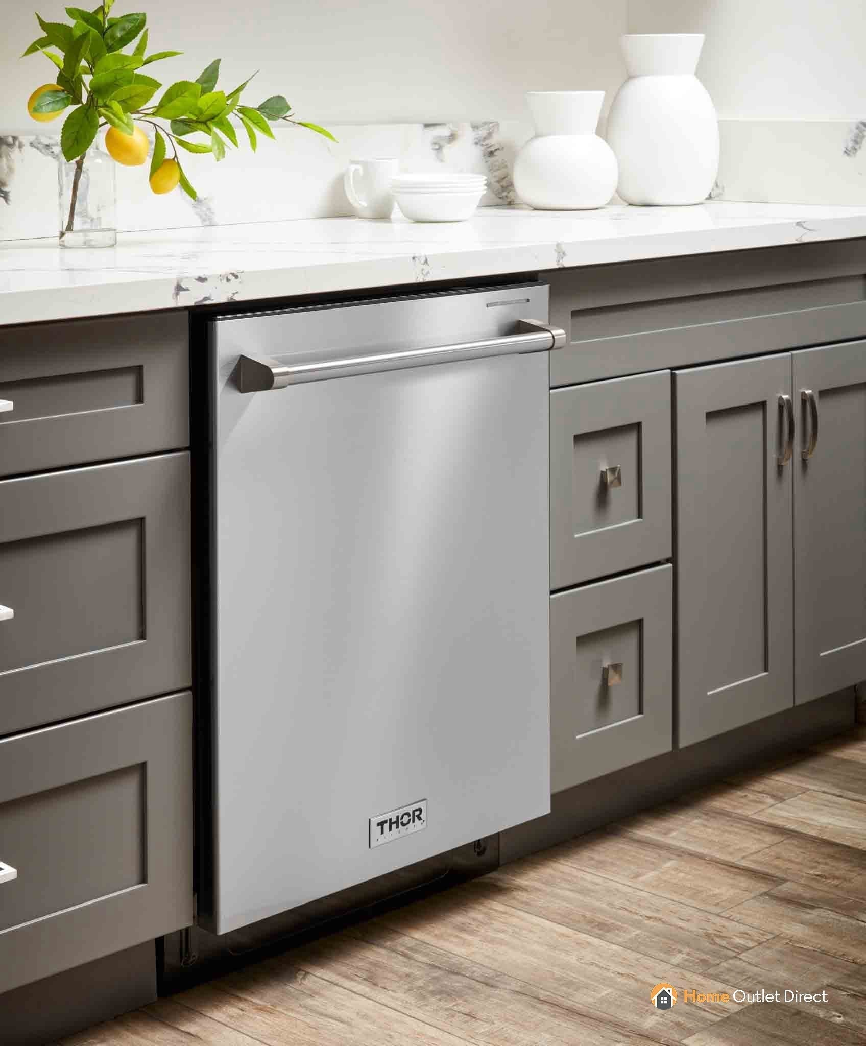Thor Kitchen 5-Piece Appliance Package - 36-Inch Electric Range with Tilt Panel, French Door Refrigerator, Dishwasher, Microwave Drawer, & Wine Cooler in Stainless Steel