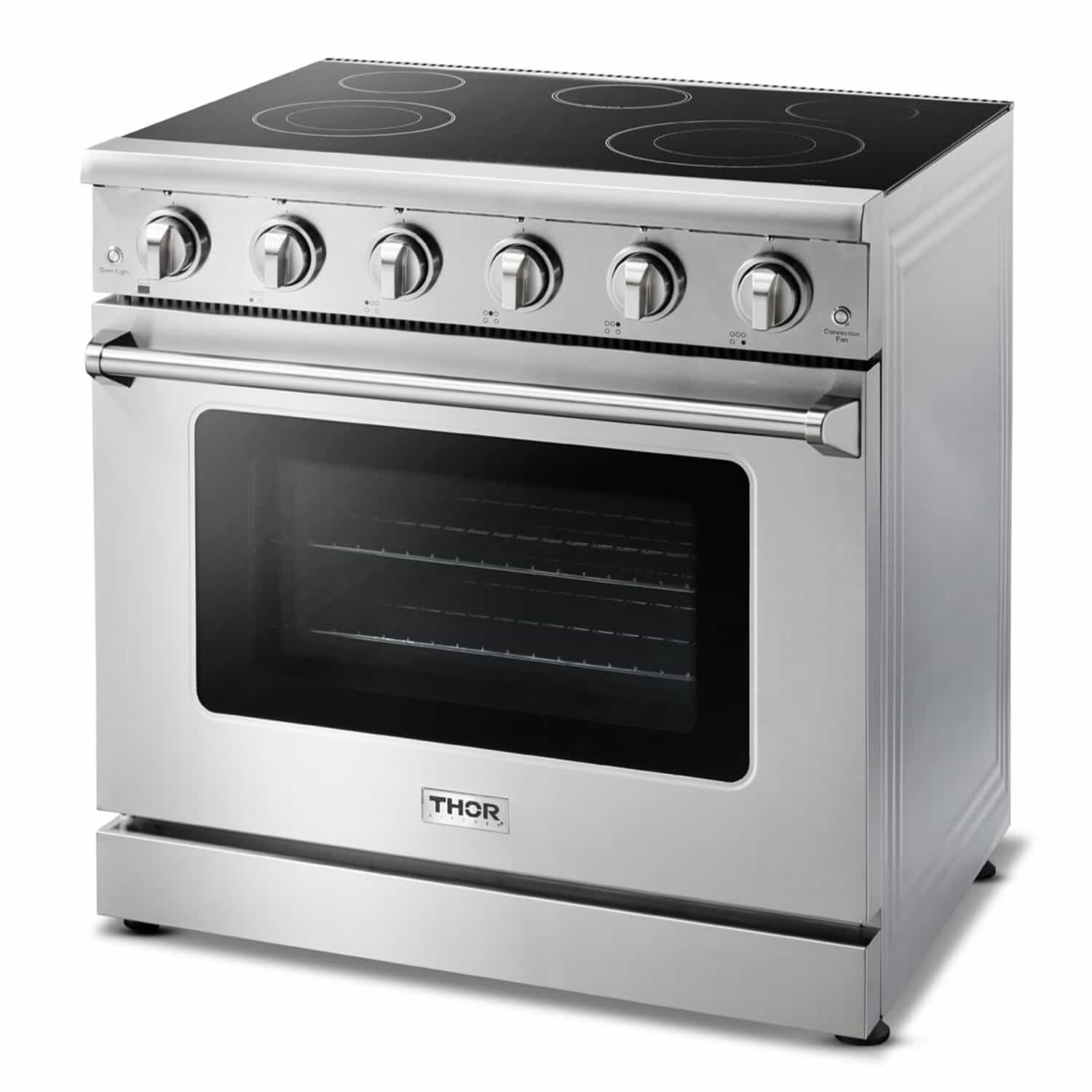 Thor Kitchen 5-Piece Appliance Package - 36-Inch Electric Range, French Door Refrigerator, Wall Mount Hood, Dishwasher, and Microwave Drawer in Stainless Steel