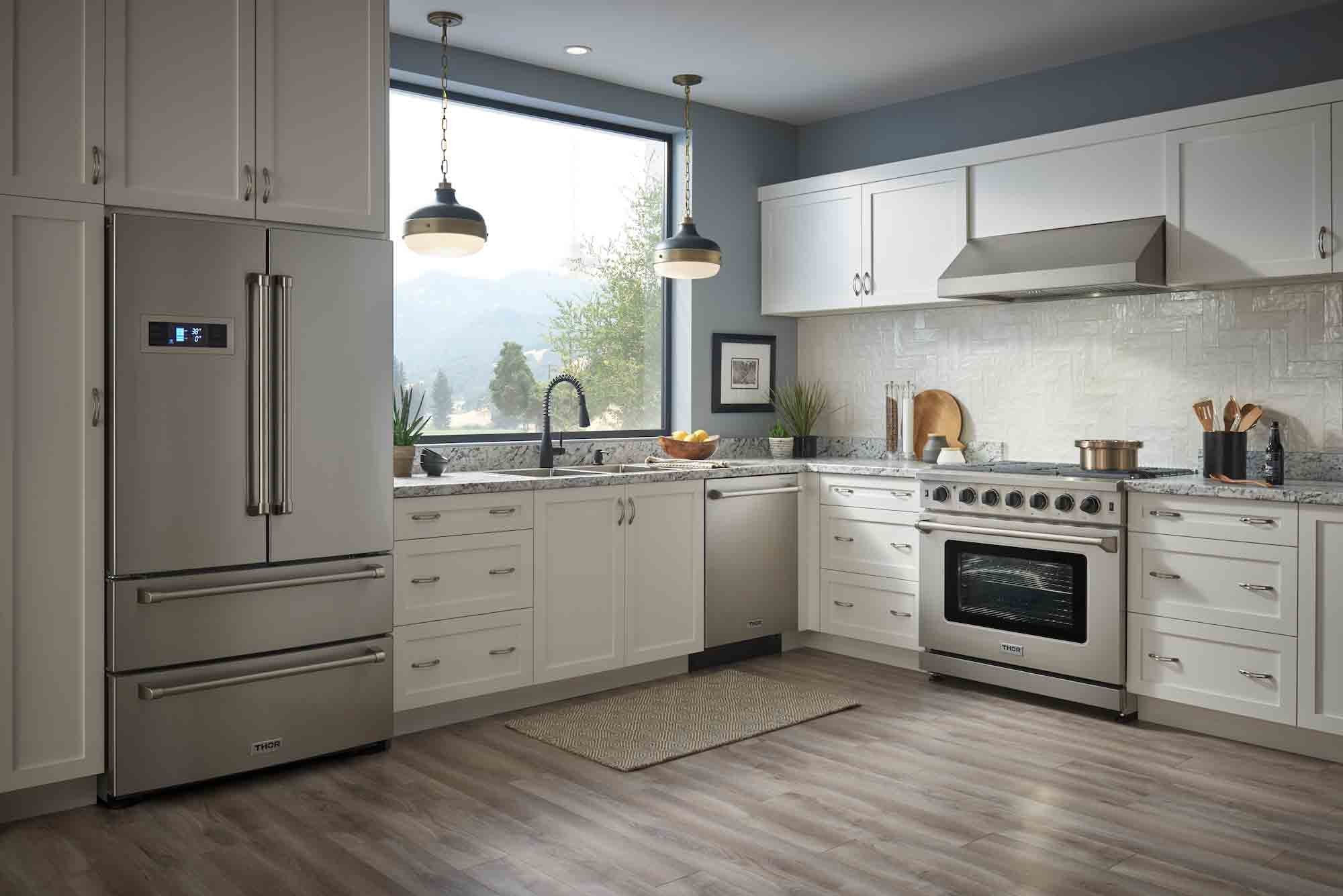 Thor Kitchen 5-Piece Appliance Package - 36-Inch Gas Range, French Door Refrigerator, Wall Mount Hood, Dishwasher, and Microwave Drawer in Stainless Steel