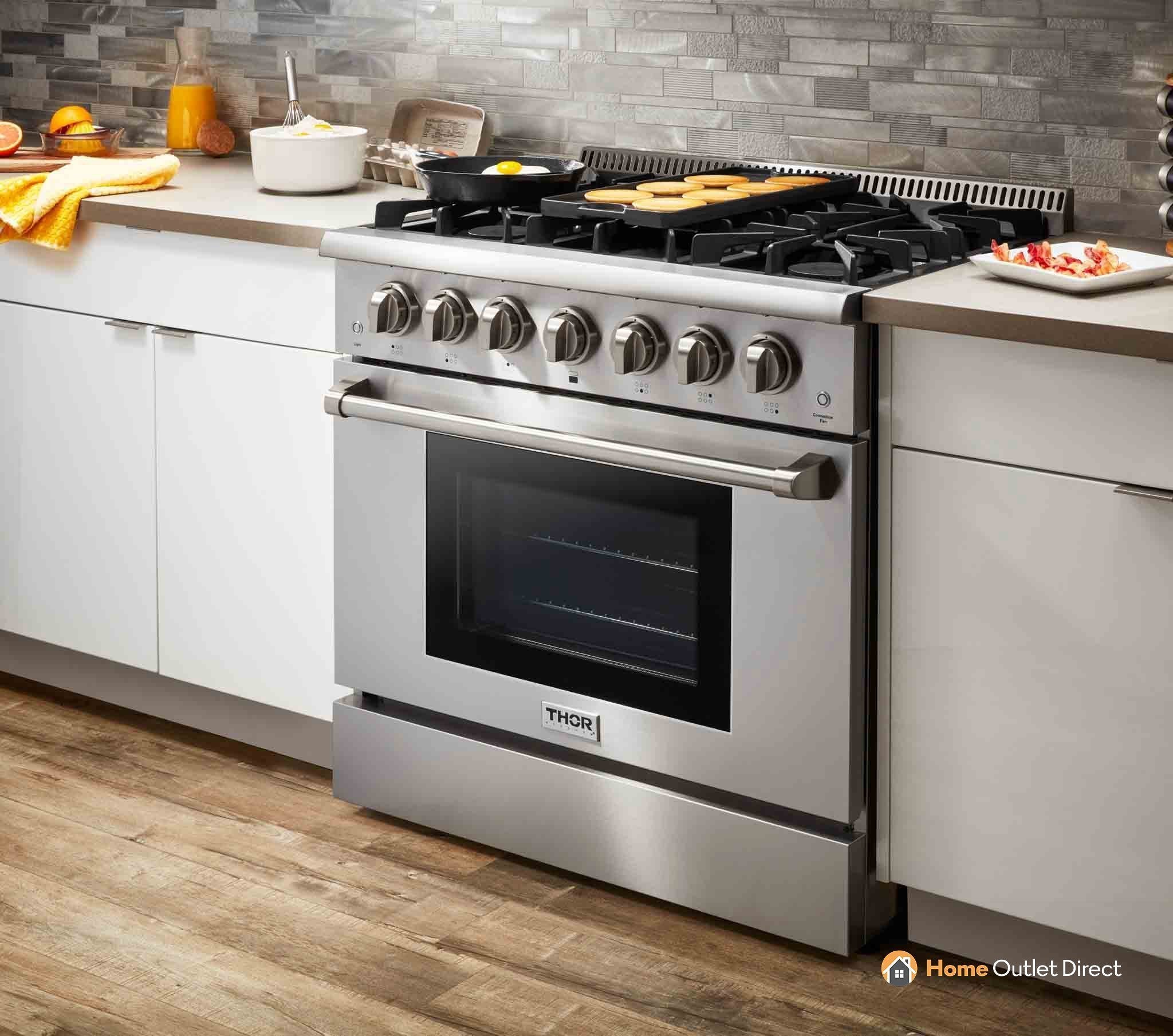 Thor Kitchen 5-Piece Pro Appliance Package - 36-Inch Dual Fuel Range, French Door Refrigerator, Wall Mount Hood, Dishwasher & Microwave Drawer in Stainless Steel