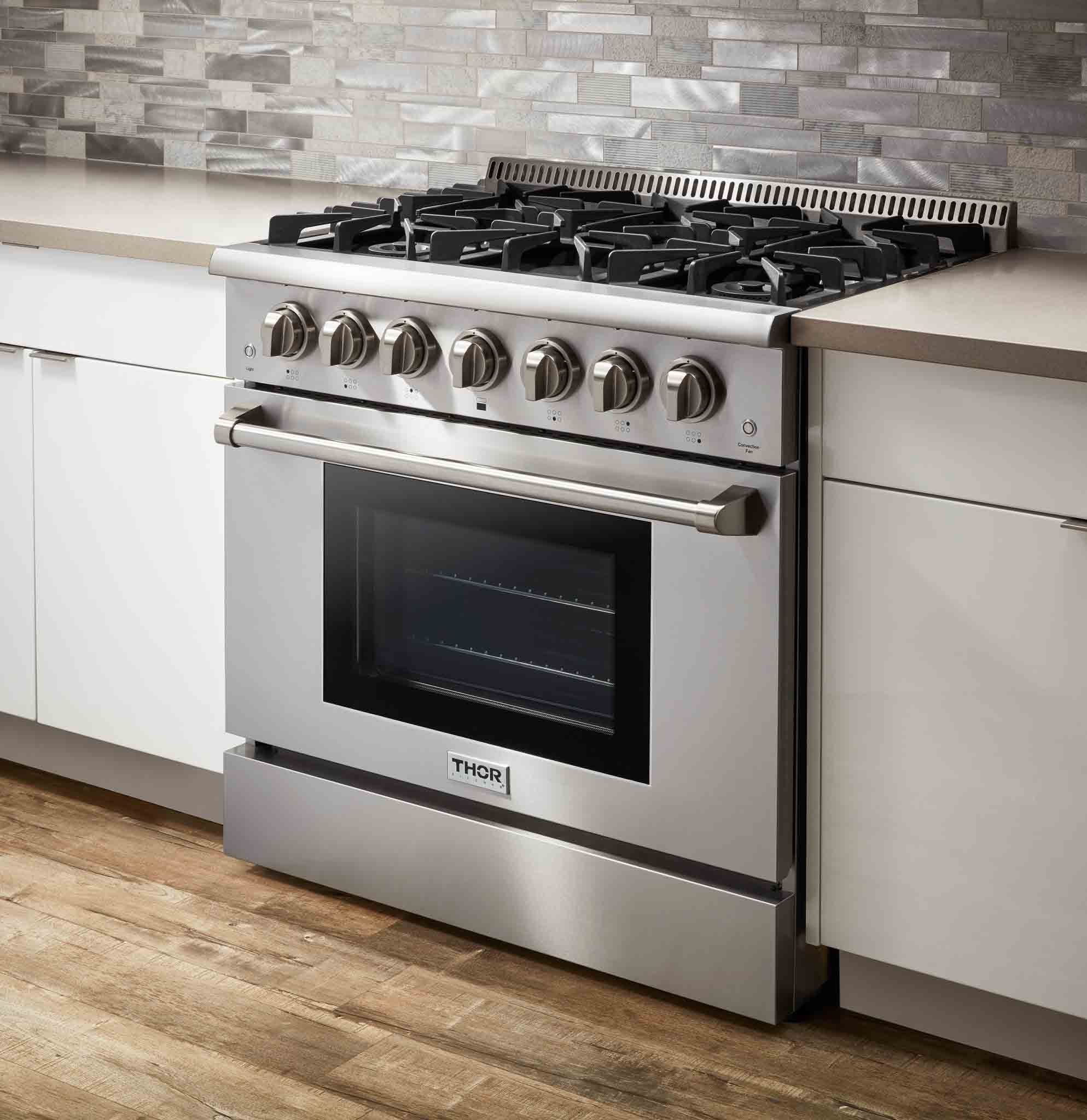 Thor Kitchen 5-Piece Pro Appliance Package - 36-Inch Gas Range, French Door Refrigerator, Wall Mount Hood, Dishwasher, and Wine Cooler in Stainless Steel