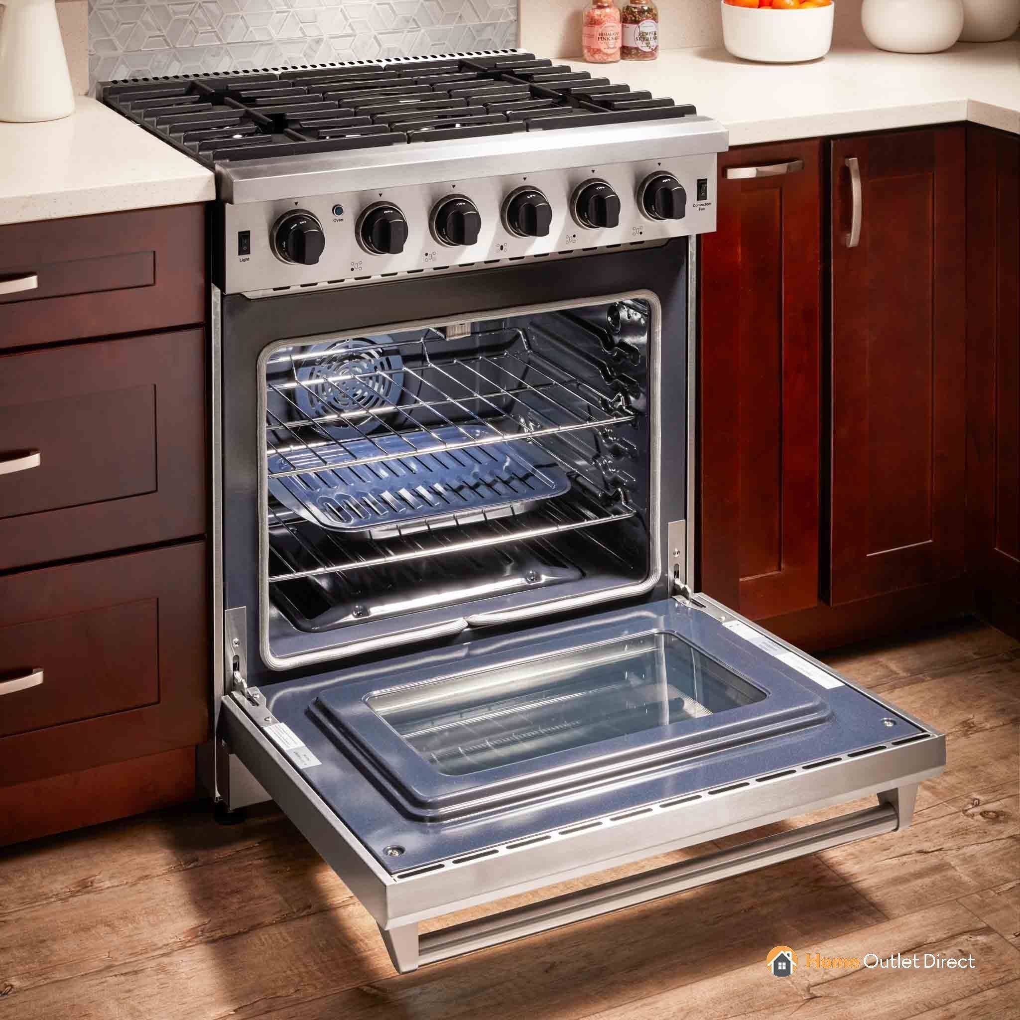 Thor Kitchen 6-Piece Appliance Package - 30-Inch Gas Range, French Door Refrigerator, Wall Mount Hood, Dishwasher, Microwave Drawer, and Wine Cooler in Stainless Steel