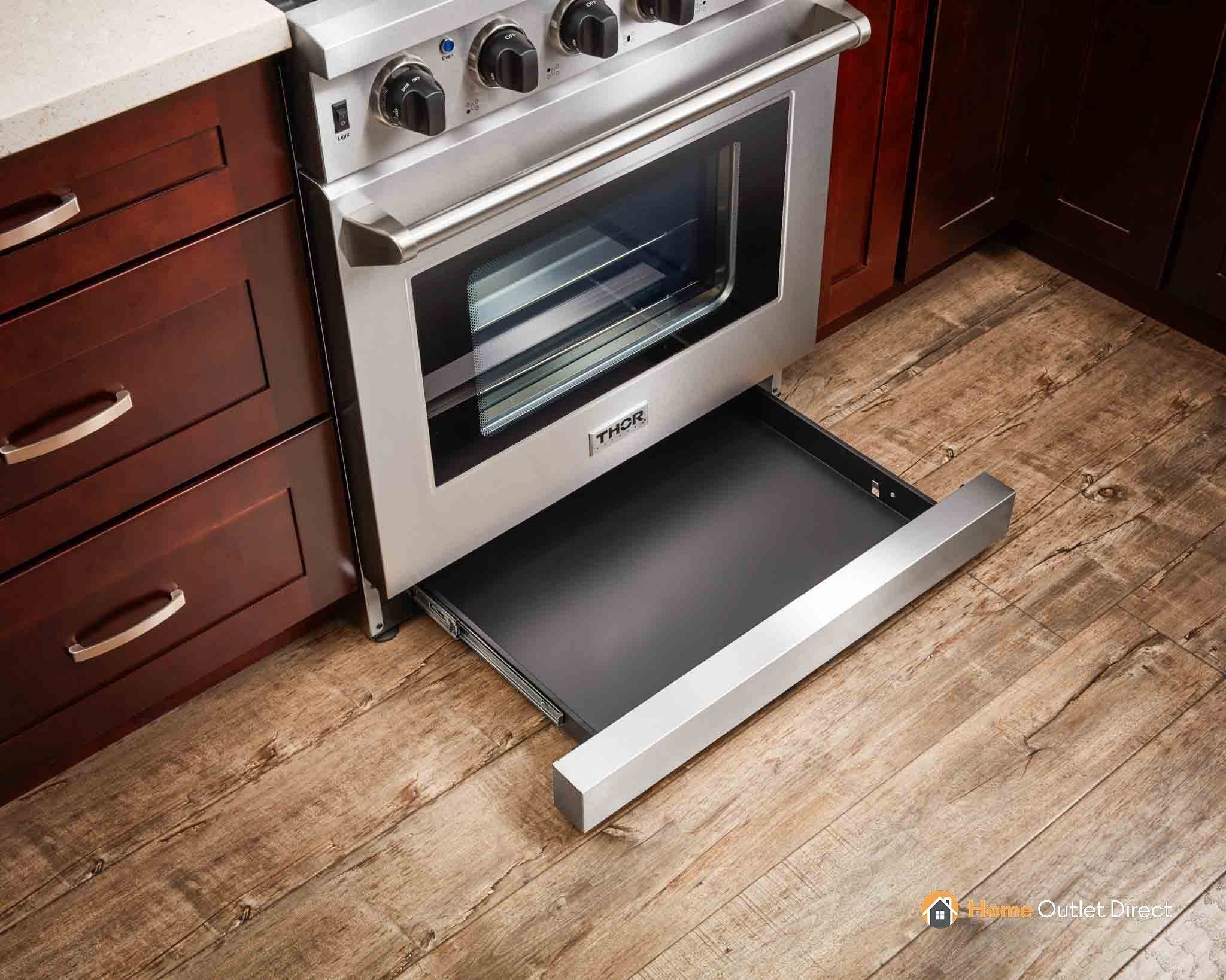 Thor Kitchen 6-Piece Appliance Package - 30-Inch Gas Range, French Door Refrigerator, Wall Mount Hood, Dishwasher, Microwave Drawer, and Wine Cooler in Stainless Steel
