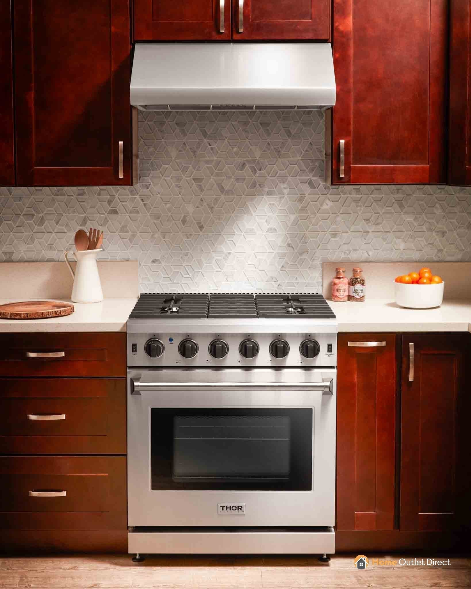 Thor Kitchen 6-Piece Appliance Package - 30-Inch Gas Range, Refrigerator with Water Dispenser, Wall Mount Hood, Dishwasher, Microwave Drawer, & Wine Cooler in Stainless Steel