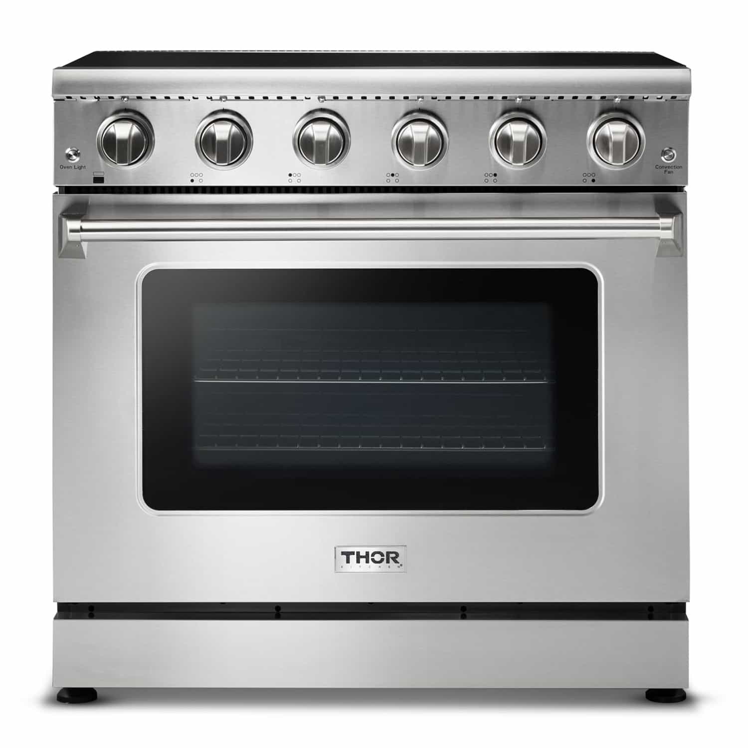 Thor Kitchen 6-Piece Appliance Package - 36-Inch Electric Range, French Door Refrigerator, Pro-Style Wall Mount Hood, Dishwasher, Microwave Drawer, & Wine Cooler in Stainless Steel