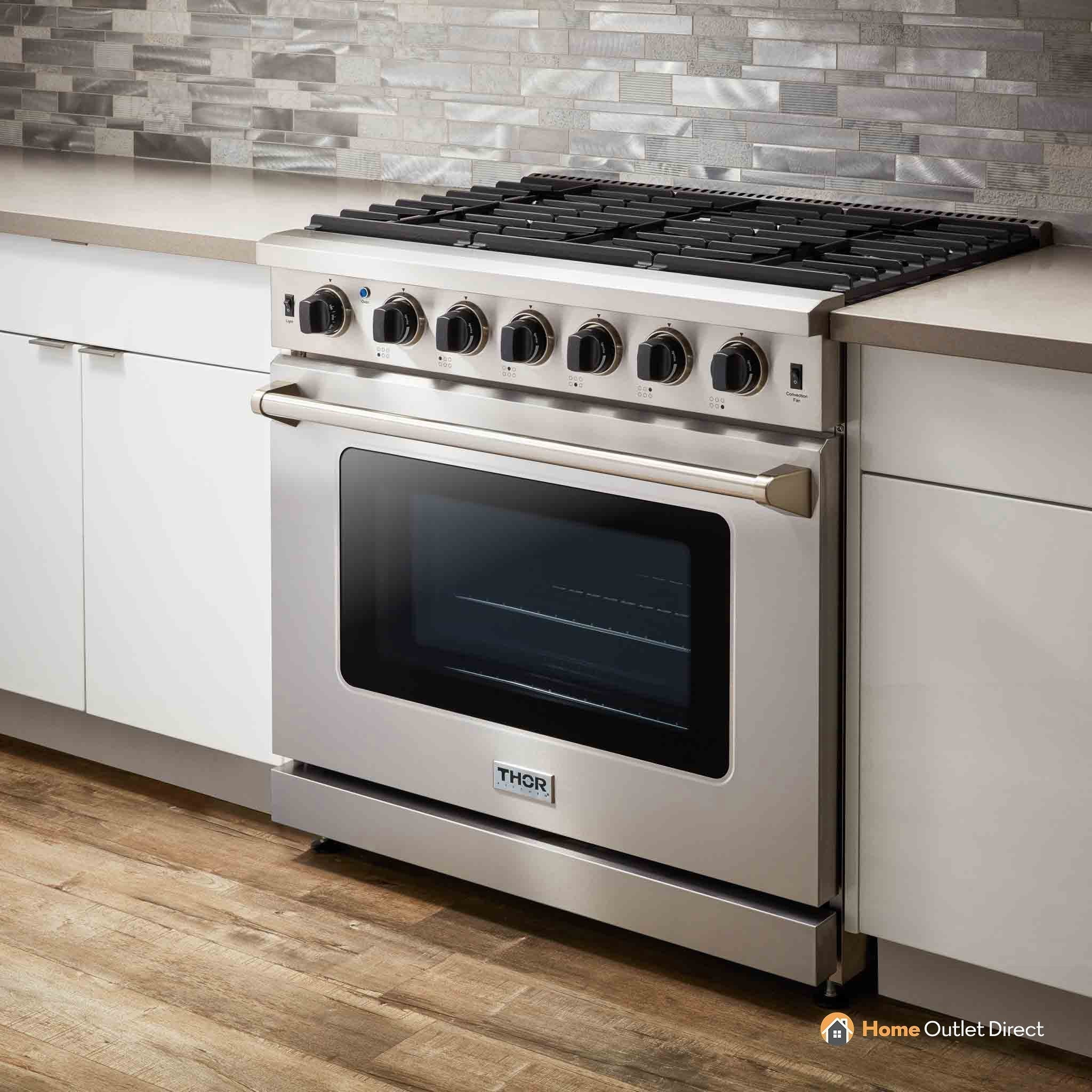 Thor Kitchen 6-Piece Appliance Package - 36-Inch Gas Range, French Door Refrigerator, Wall Mount Hood, Dishwasher, Microwave Drawer, & Wine Cooler in Stainless Steel