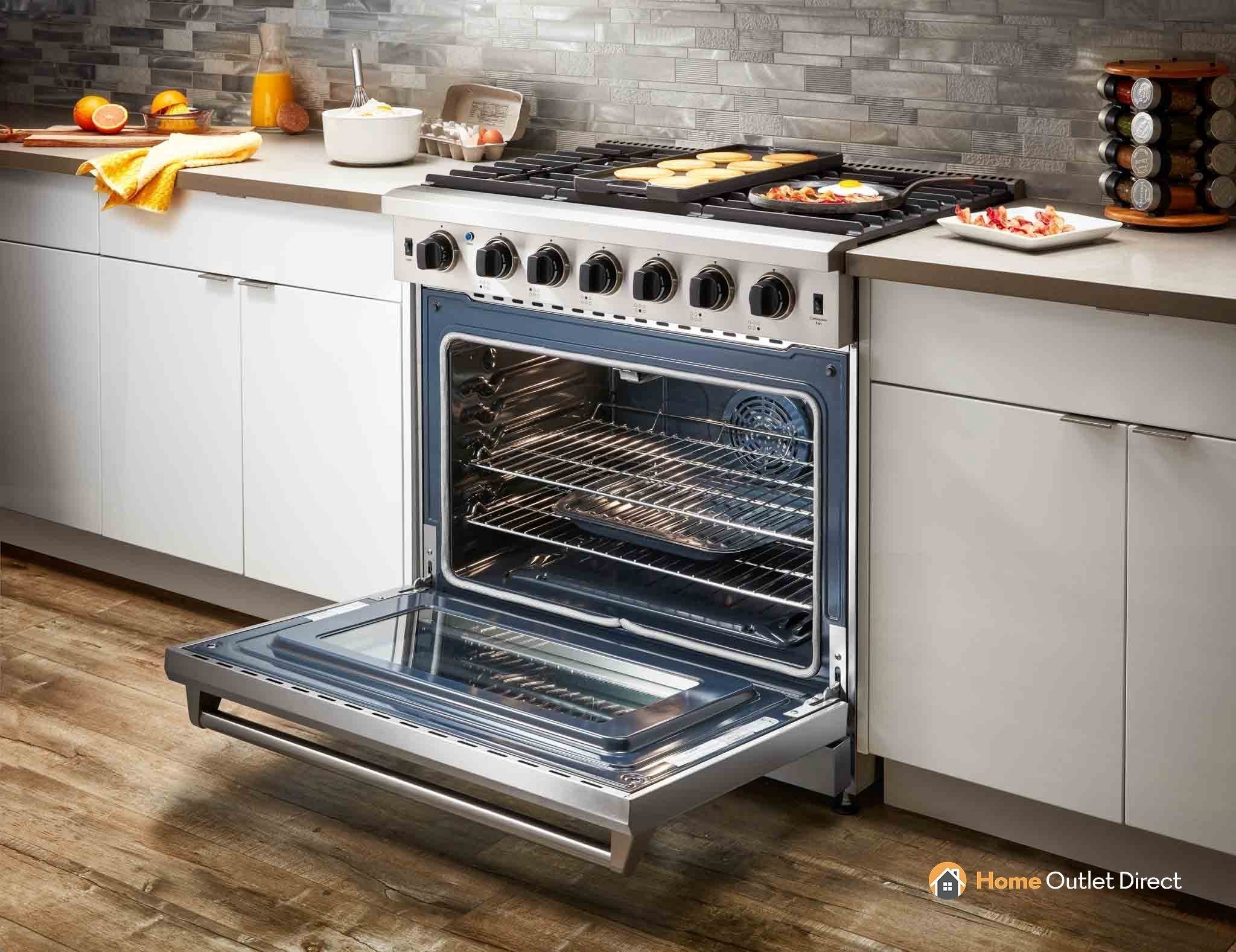 Thor Kitchen 6-Piece Appliance Package - 36-Inch Gas Range, French Door Refrigerator, Wall Mount Hood, Dishwasher, Microwave Drawer, & Wine Cooler in Stainless Steel