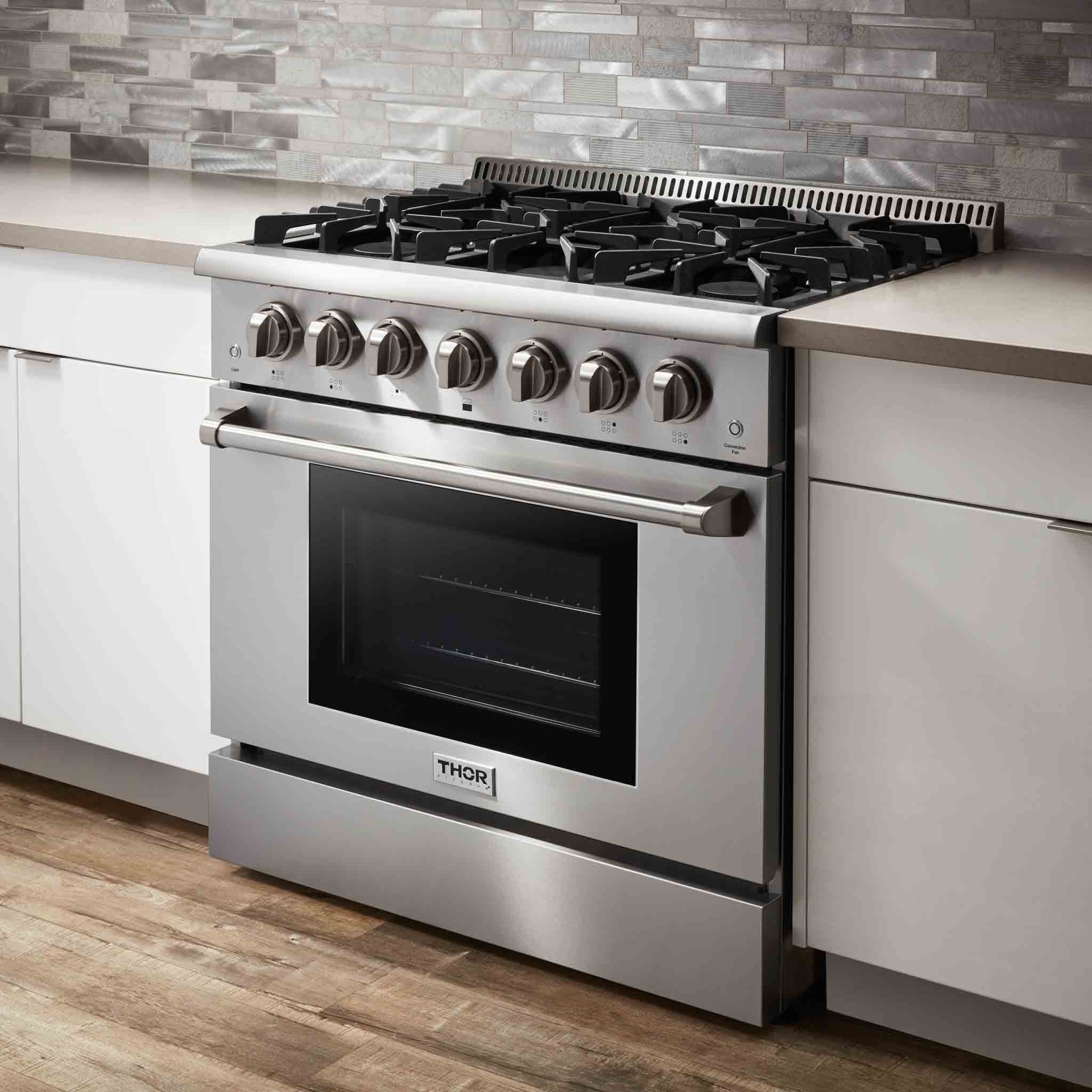 Thor Kitchen 6-Piece Pro Appliance Package - 36-Inch Dual Fuel Range, French Door Refrigerator, Pro-Style Wall Mount Hood, Dishwasher, Microwave Drawer, & Wine Cooler in Stainless Steel