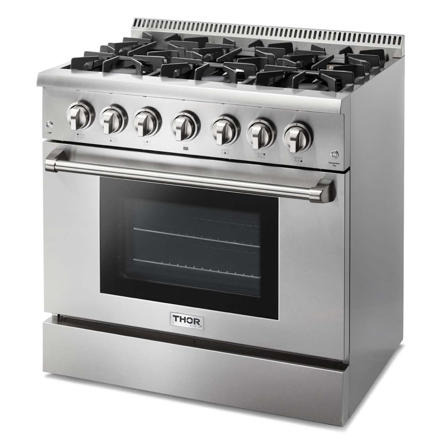 Thor Kitchen 6-Piece Pro Appliance Package - 36-Inch Dual Fuel Range, French Door Refrigerator, Pro-Style Wall Mount Hood, Dishwasher, Microwave Drawer, & Wine Cooler in Stainless Steel