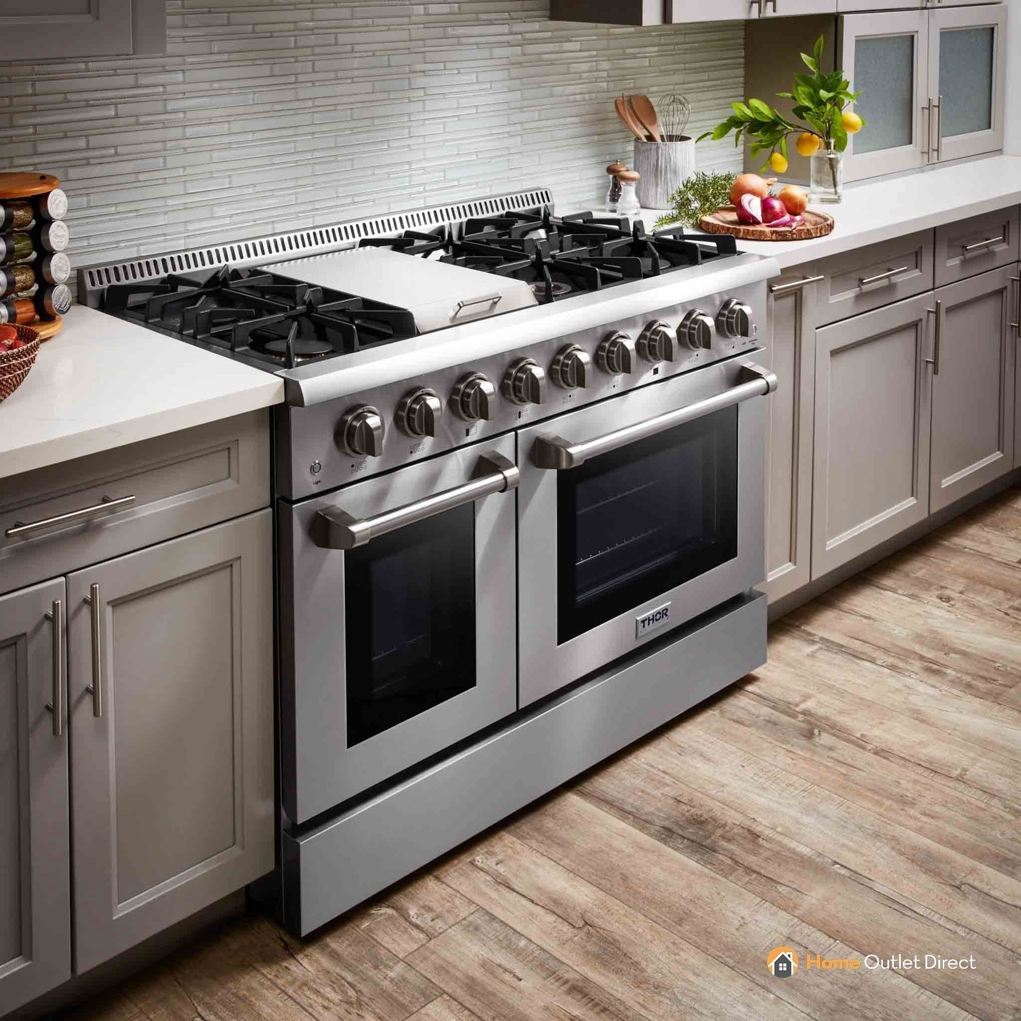 Thor Kitchen 6-Piece Pro Appliance Package - 48-Inch Dual Fuel Range, French Door Refrigerator, Dishwasher, Under Cabinet 11-Inch Tall Hood, Microwave Drawer, & Wine Cooler in Stainless Steel