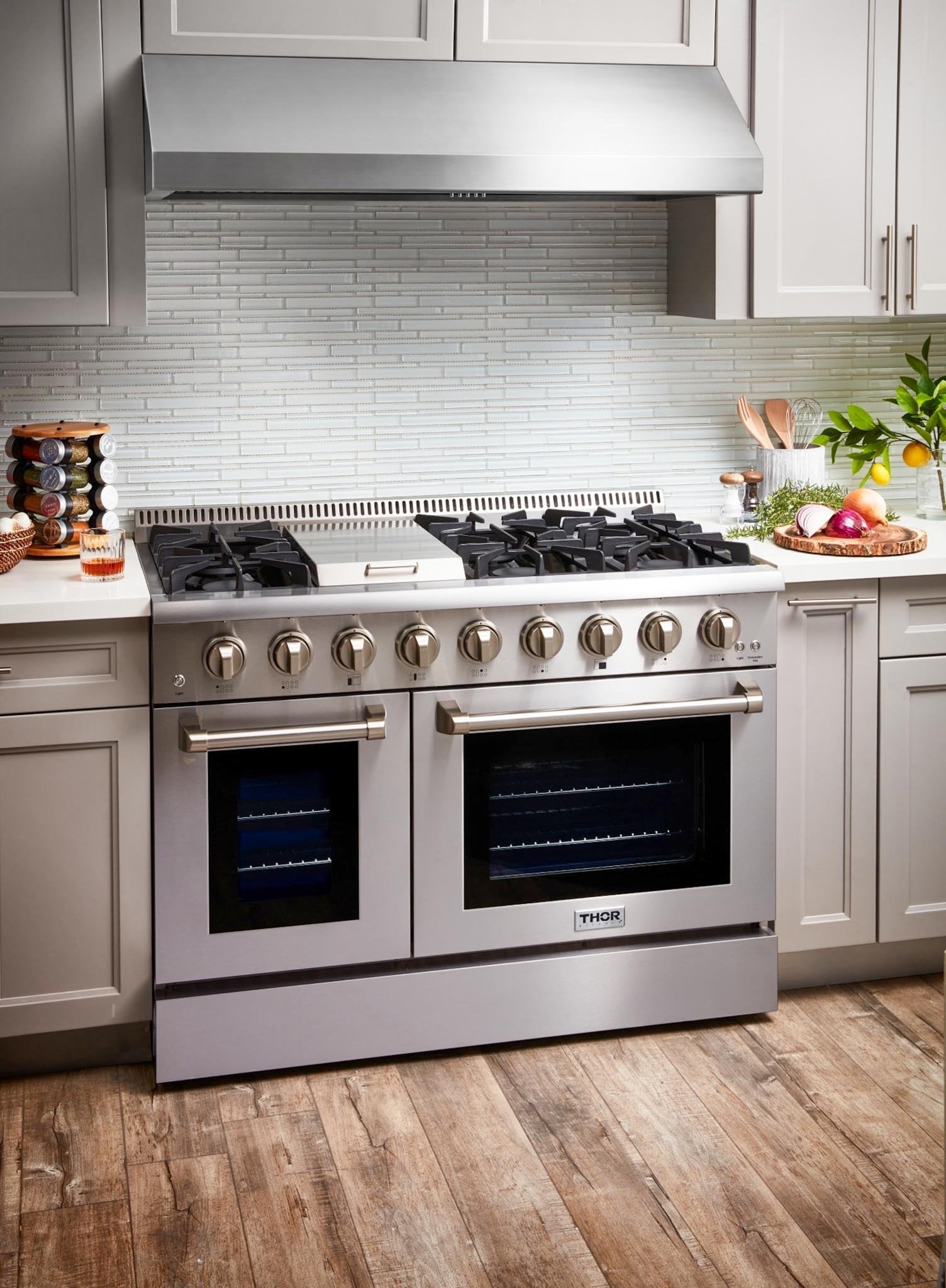 Thor Kitchen 6-Piece Pro Appliance Package - 48-Inch Dual Fuel Range, French Door Refrigerator, Dishwasher, Under Cabinet 11-Inch Tall Hood, Microwave Drawer, & Wine Cooler in Stainless Steel