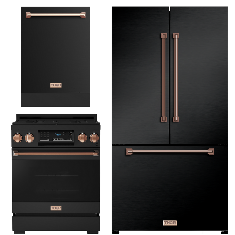 Gordon Ramsay by THOR Kitchen Package - 30" Gas Range, 36" Refrigerator with Ice Maker and Dishwasher in Stainless Steel with Black Accents, AP-RSG30B-2