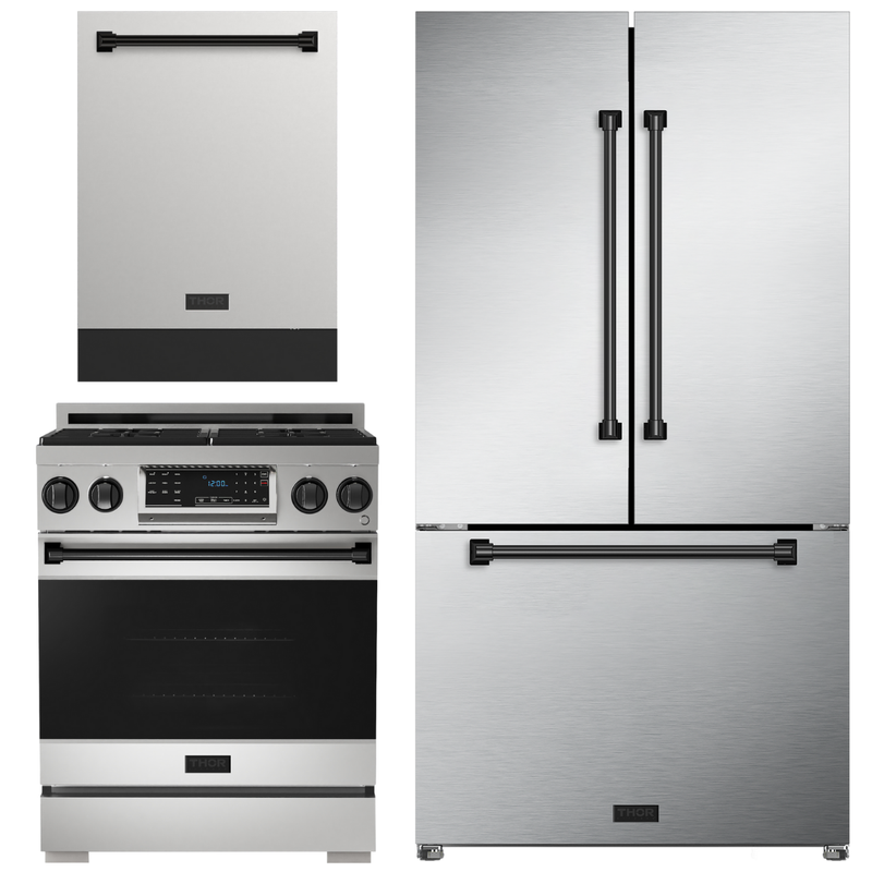 Gordon Ramsay by THOR Kitchen Package - 30" Gas Range, 36" Refrigerator with Ice Maker and Dishwasher in Stainless Steel with Black Accents, AP-RSG30-2