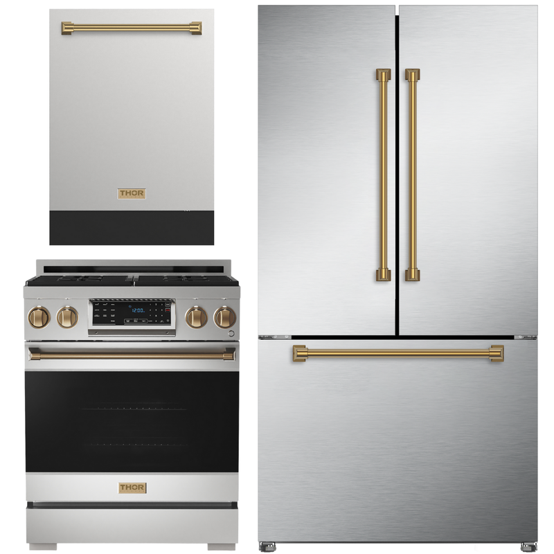 Gordon Ramsay by THOR Kitchen Package - 30" Gas Range, 36" Refrigerator with Ice Maker and Dishwasher in Stainless Steel with Black Accents, AP-RSG30-2