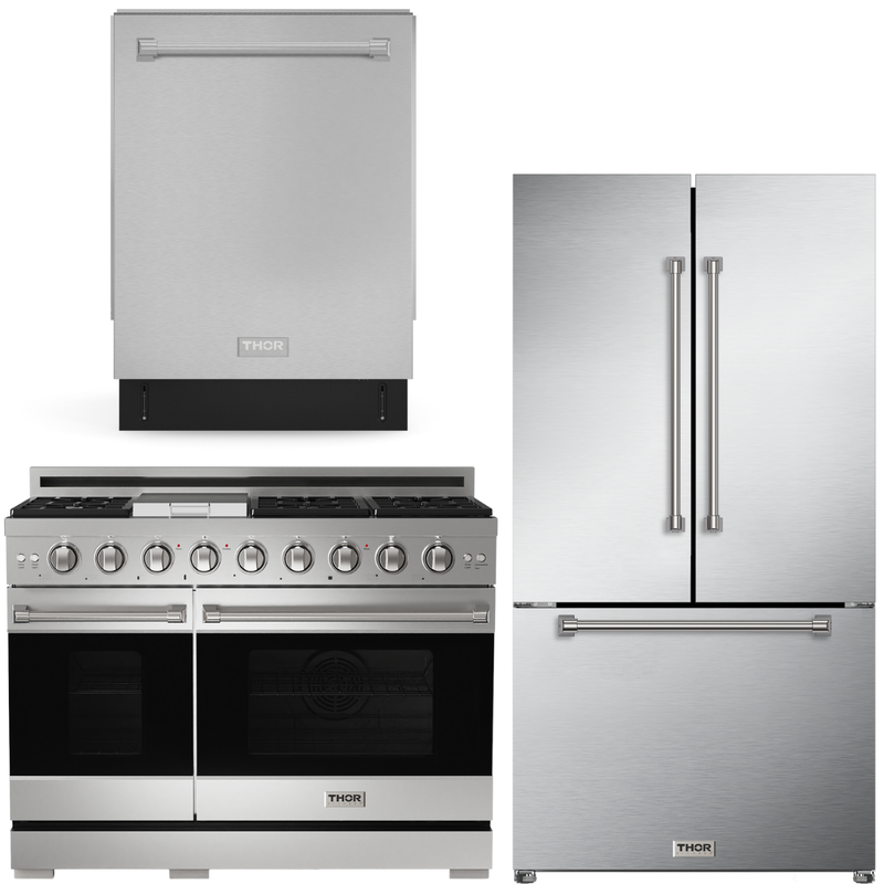 Gordon Ramsay by THOR Kitchen Package - 48" Gas Range, 36" Refrigerator with Ice Maker and Dishwasher in Stainless Steel, AP-RSG48E-2