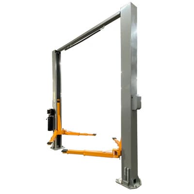 Alternate side rear view of Triumph NTO-11A two post auto lift highlighting the frame and overhead design