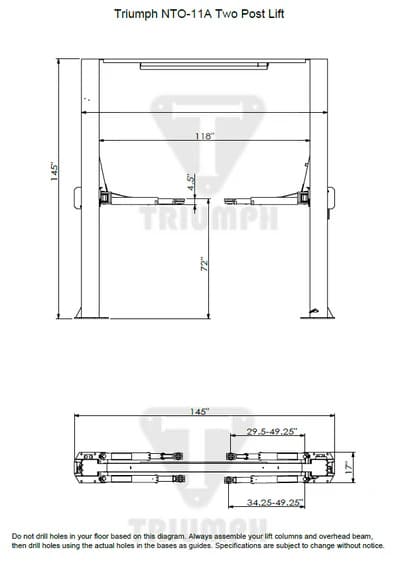 Technical specifications diagram of Triumph NTO-11A two post auto lift