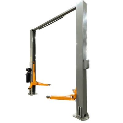 Side rear view of Triumph NTO-11A two post auto lift showing column and overhead structure