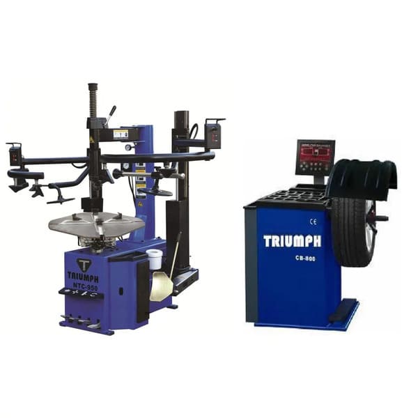 Triumph NTC-950-2 Tire Changer and NTB-800 Wheel Balancer Combo with dual pneumatic assist arms, bead blast technology, and automatic data entry.


