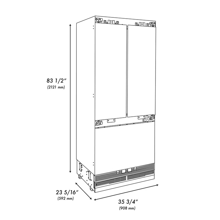 ZLINE Autograph Edition 36-Inch 19.6 cu. ft. Panel Ready Built-in 3-Door French Door Refrigerator with Internal Water and Ice Dispenser with Champagne Bronze Handles RBIVZ-36-CB