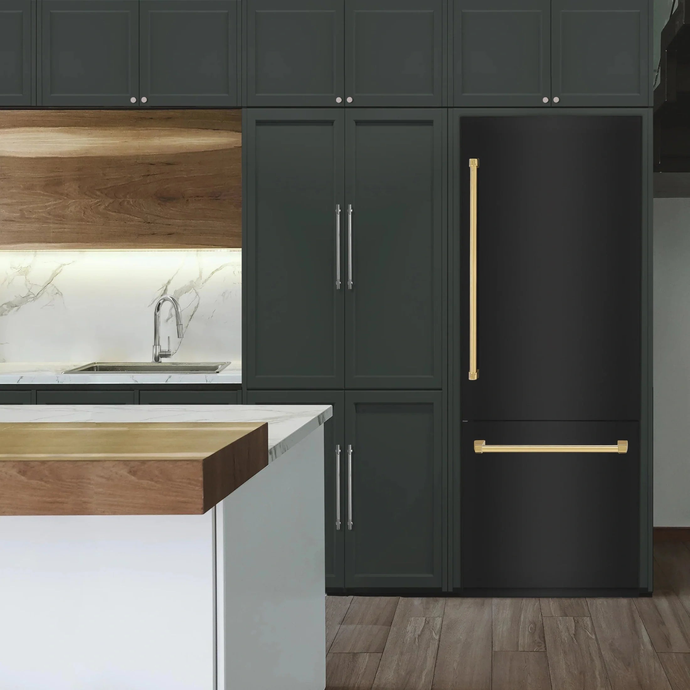 ZLINE 30" Autograph Edition 16.1 cu. ft. Built-in 2-Door Bottom Freezer Refrigerator with Internal Water and Ice Dispenser in Black Stainless Steel with Gold Accents RBIVZ-BS-30-G