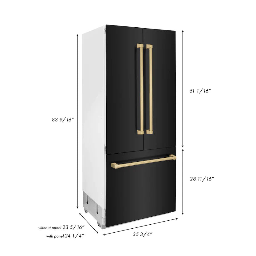 ZLINE 36" Autograph Edition 19.6 cu. ft. Built-in 3-DoorFrench Door Refrigerator with Internal Water and Ice Dispenser in Black Stainless Steel with Gold Accents RBIVZ-BS-36-G
