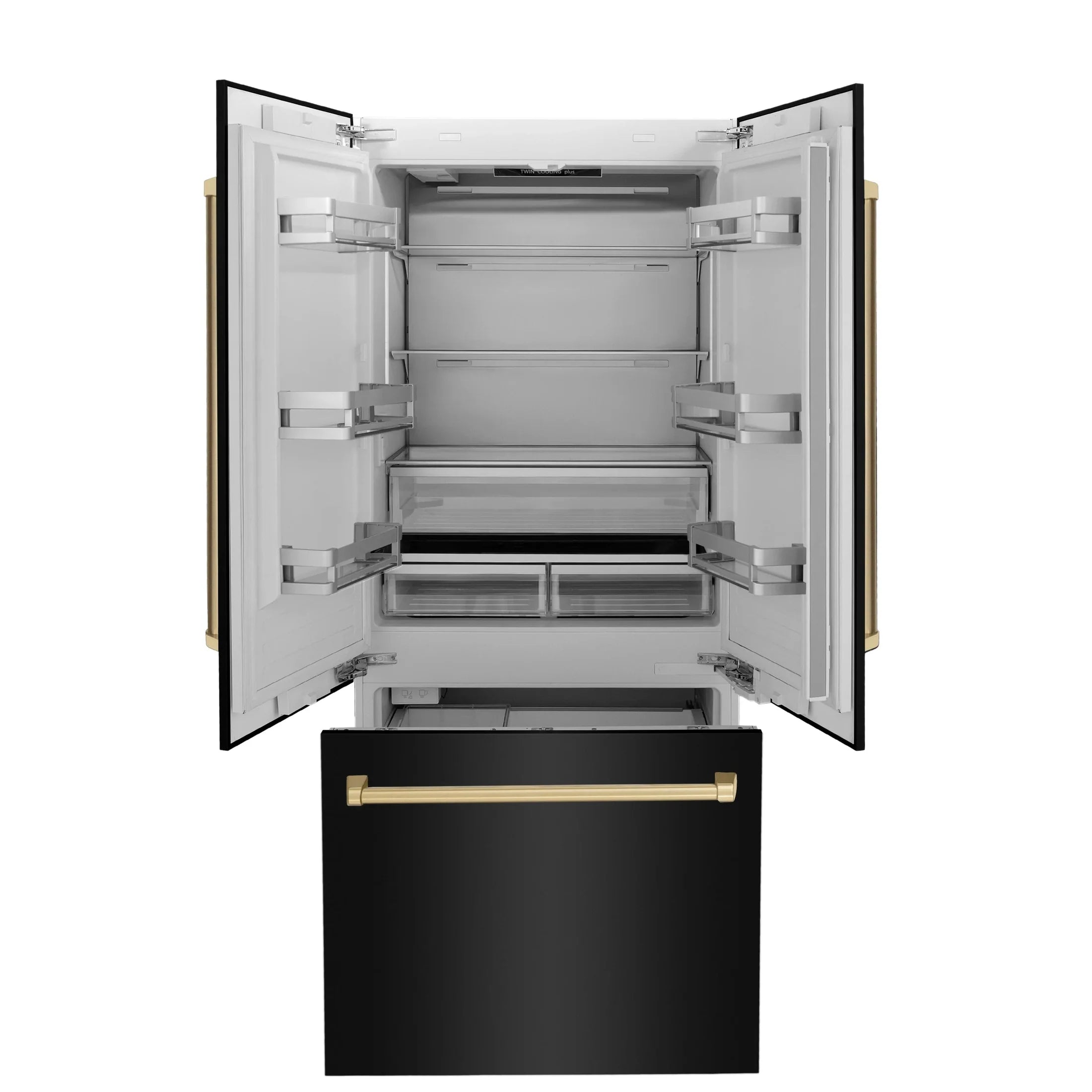 ZLINE 36" Autograph Edition 19.6 cu. ft. Built-in 3-Door French Door Refrigerator with Internal Water and Ice Dispenser in Black Stainless Steel with Champagne Bronze Accents RBIVZ-BS-36-CB