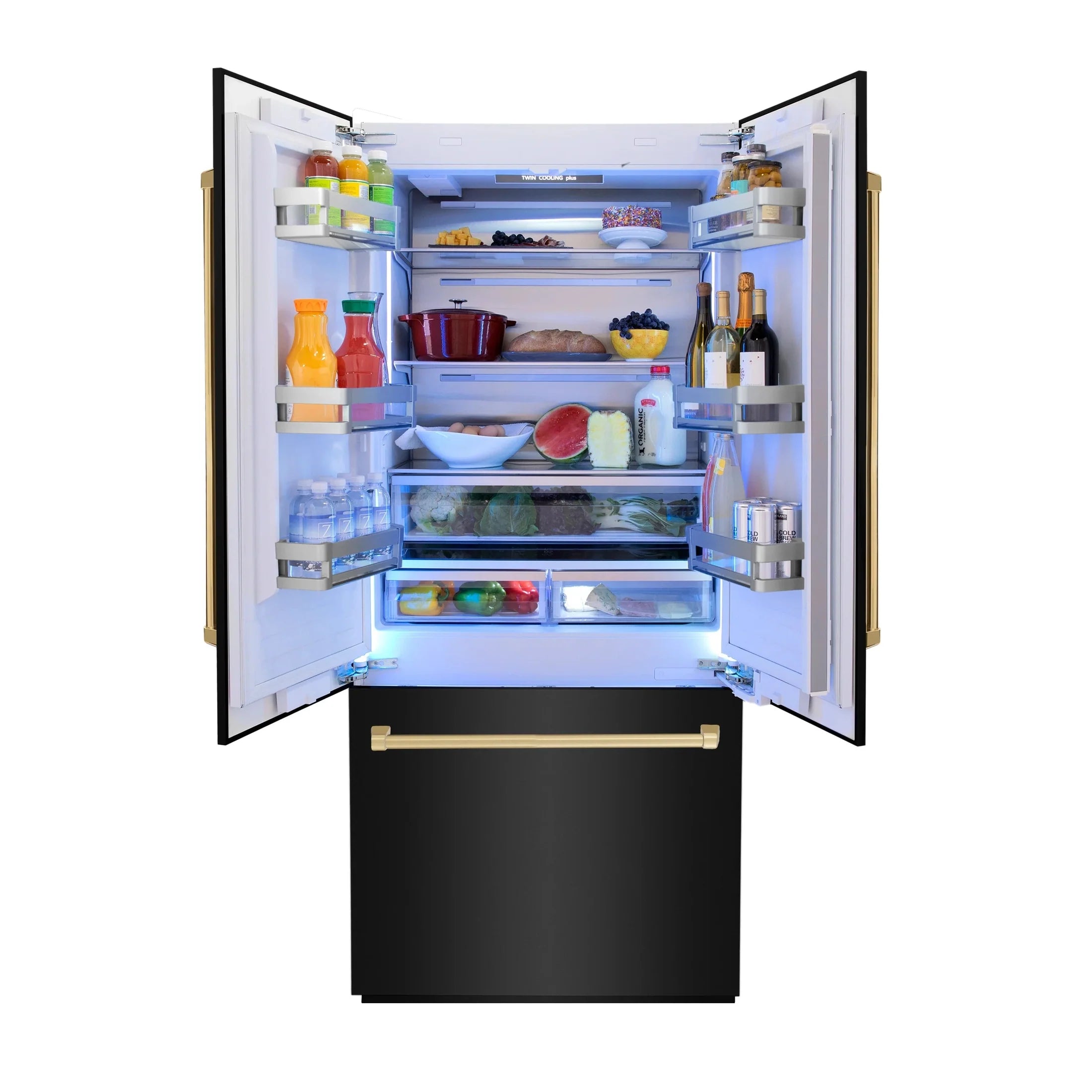 ZLINE 36" Autograph Edition 19.6 cu. ft. Built-in 3-DoorFrench Door Refrigerator with Internal Water and Ice Dispenser in Black Stainless Steel with Gold Accents RBIVZ-BS-36-G
