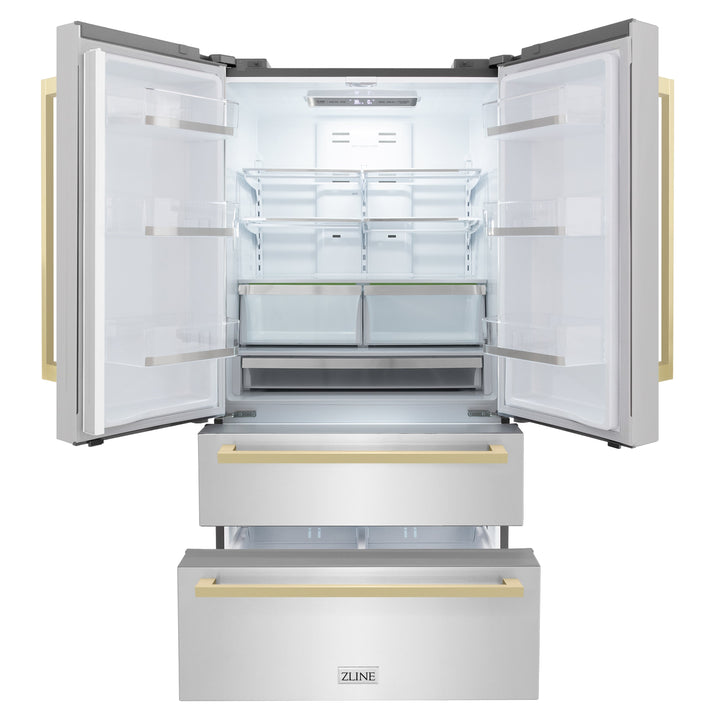 ZLINE 36-Inch Autograph Edition 22.5 cu. ft 4-Door French Door Refrigerator with Ice Maker in Stainless Steel with Champagne Bronze Square Handles RFMZ-36-FCB