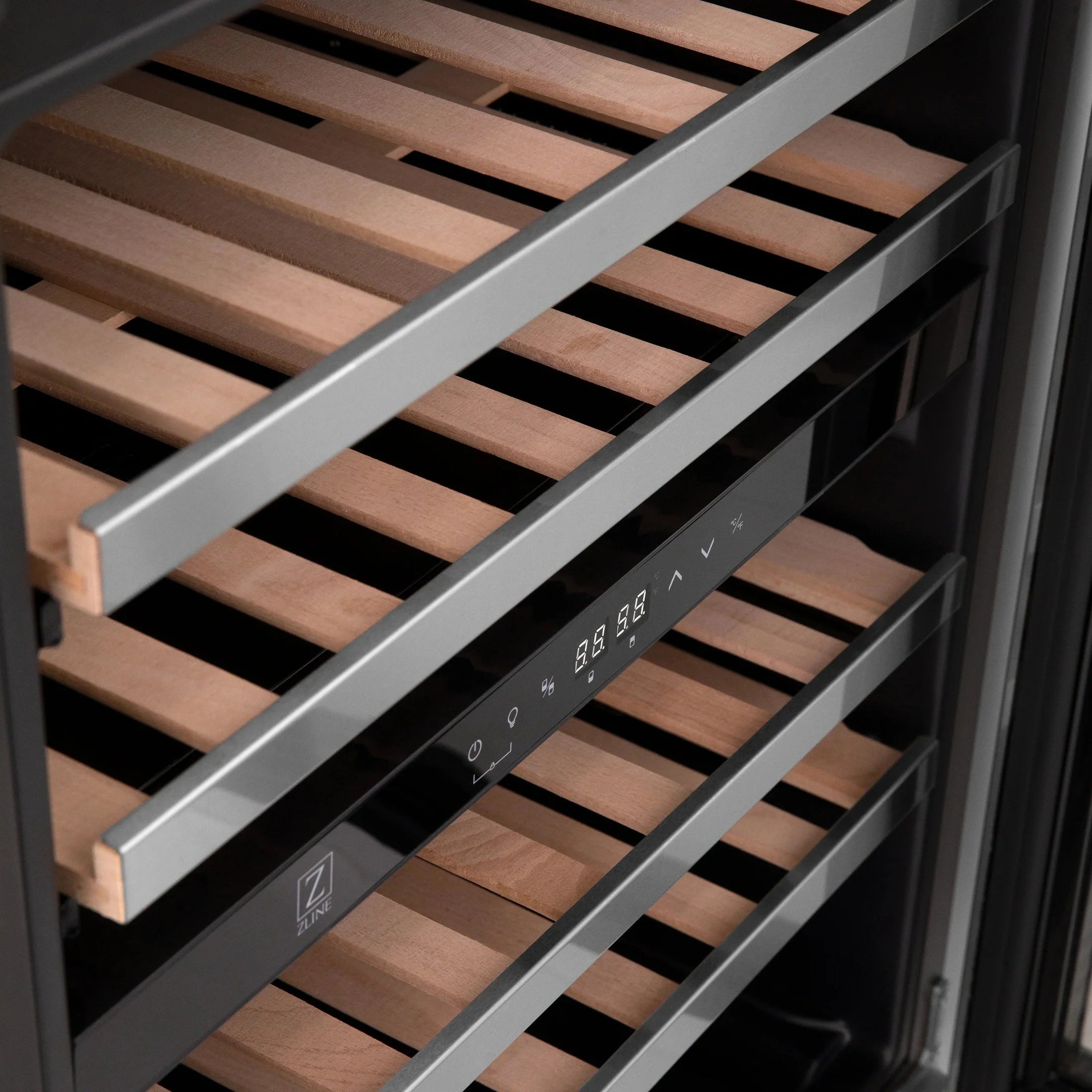 ZLINE 24 In. Monument Dual Zone 44-Bottle Wine Cooler in Stainless Steel with Wood Shelf RWV-UD-24