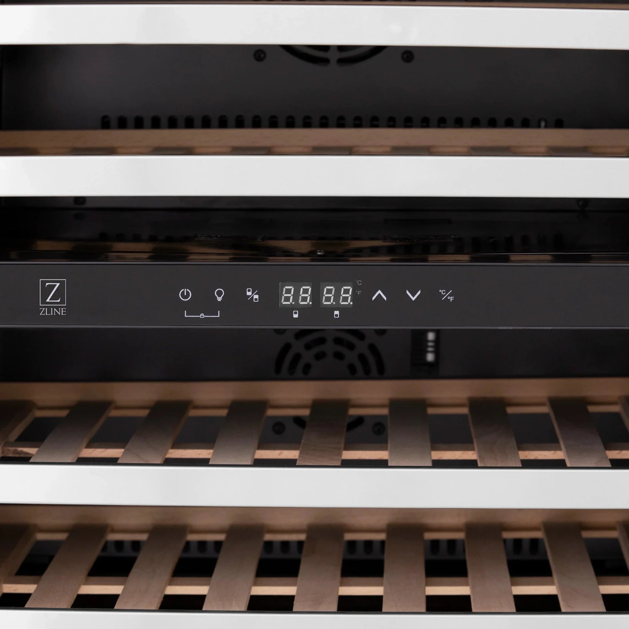 ZLINE 24 In. Monument Dual Zone 44-Bottle Wine Cooler in Stainless Steel with Wood Shelf RWV-UD-24