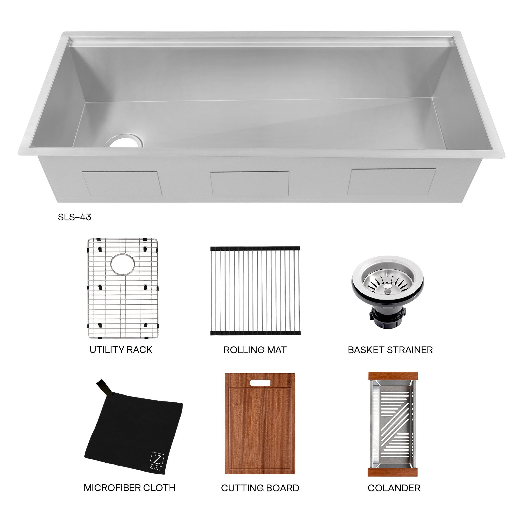 ZLINE 43" Garmisch Undermount Single Bowl Kitchen Sink with Bottom Grid and Accessories