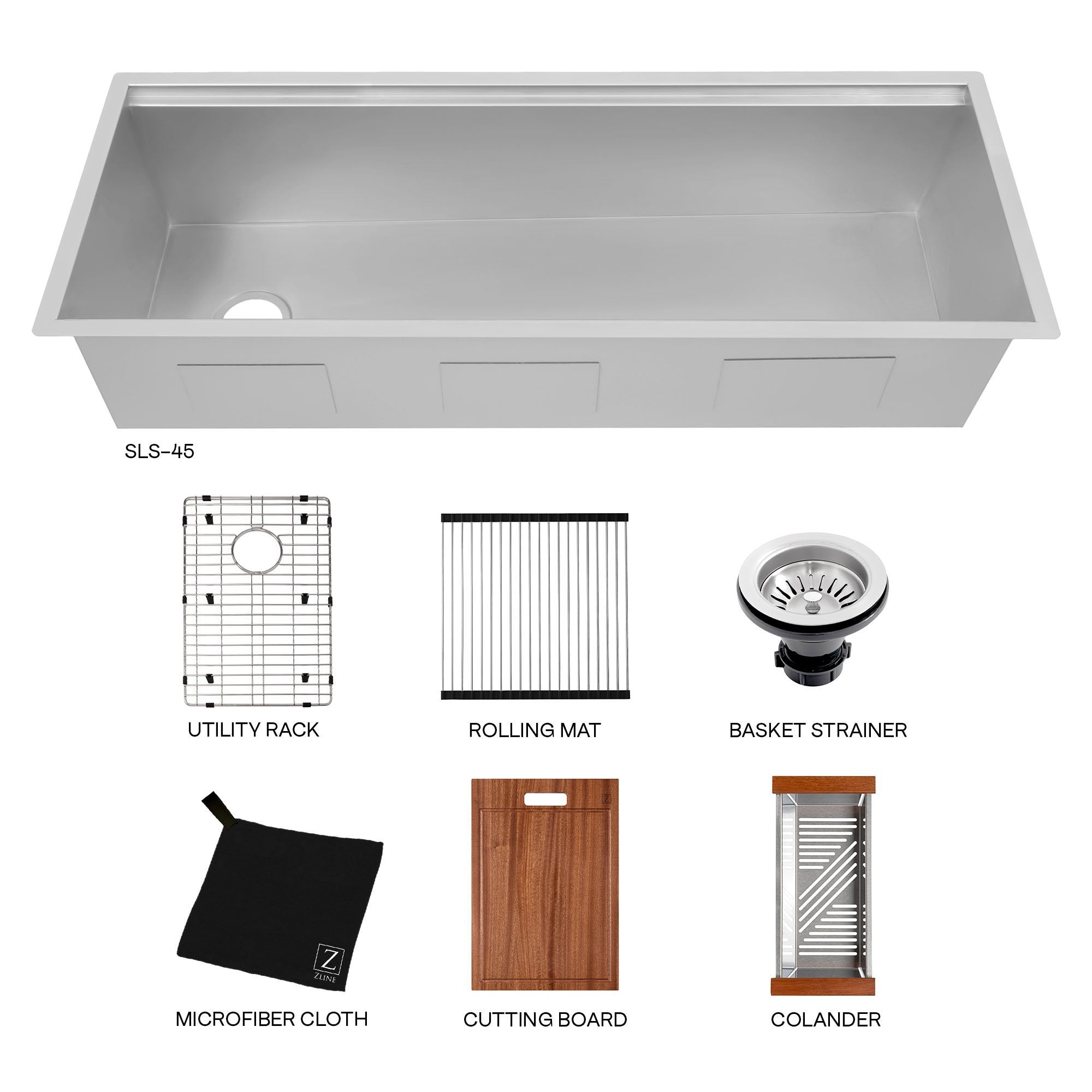 ZLINE 45" Garmisch Undermount Single Bowl Kitchen Sink with Bottom Grid and Accessories 